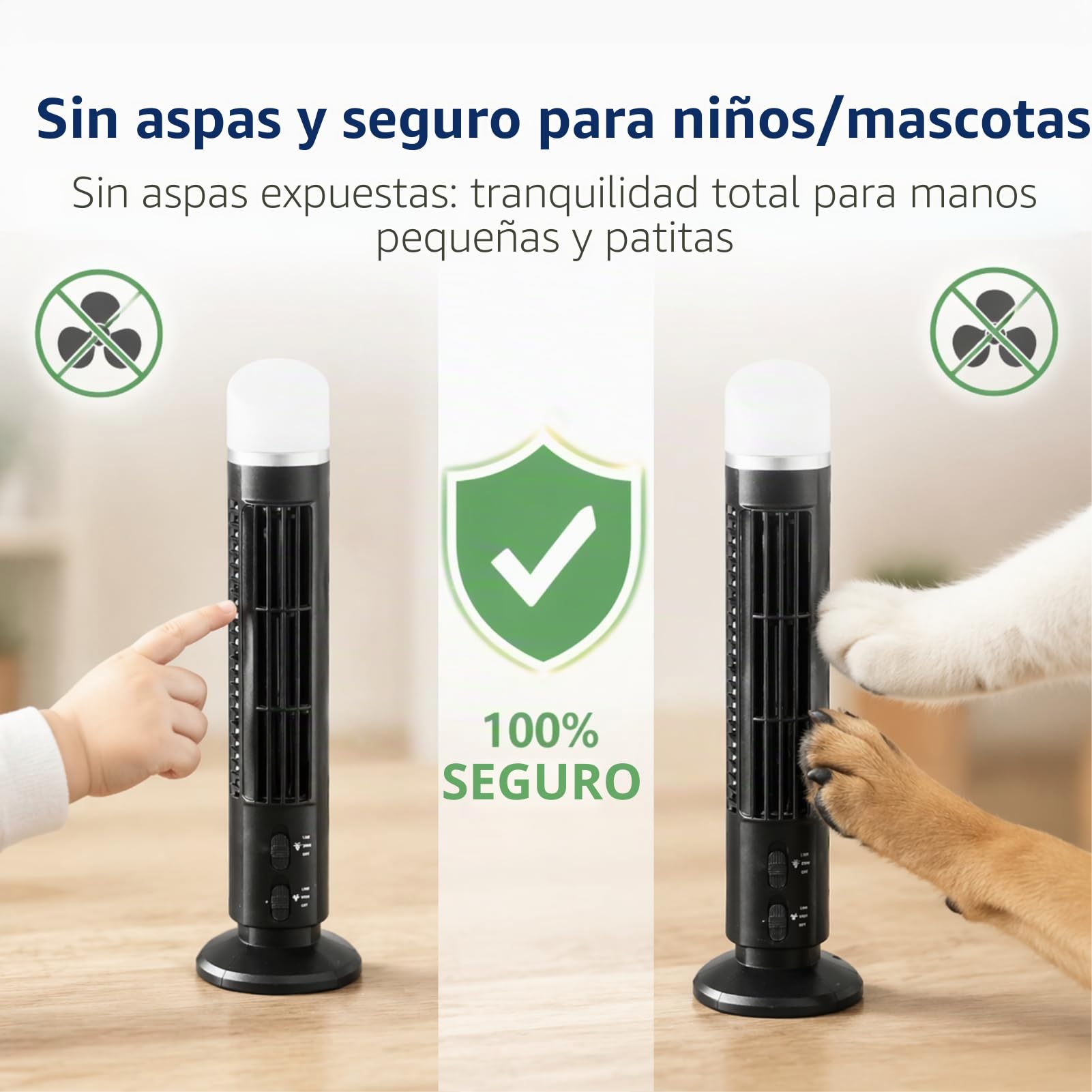 Ausla Ventilador de Torre sin Aspas con Luz LED, Mini Ventilador de Escritorio Silencioso Oscilante USB, Portátil para Hogar Oficina Escuela, 10,5x33 cm