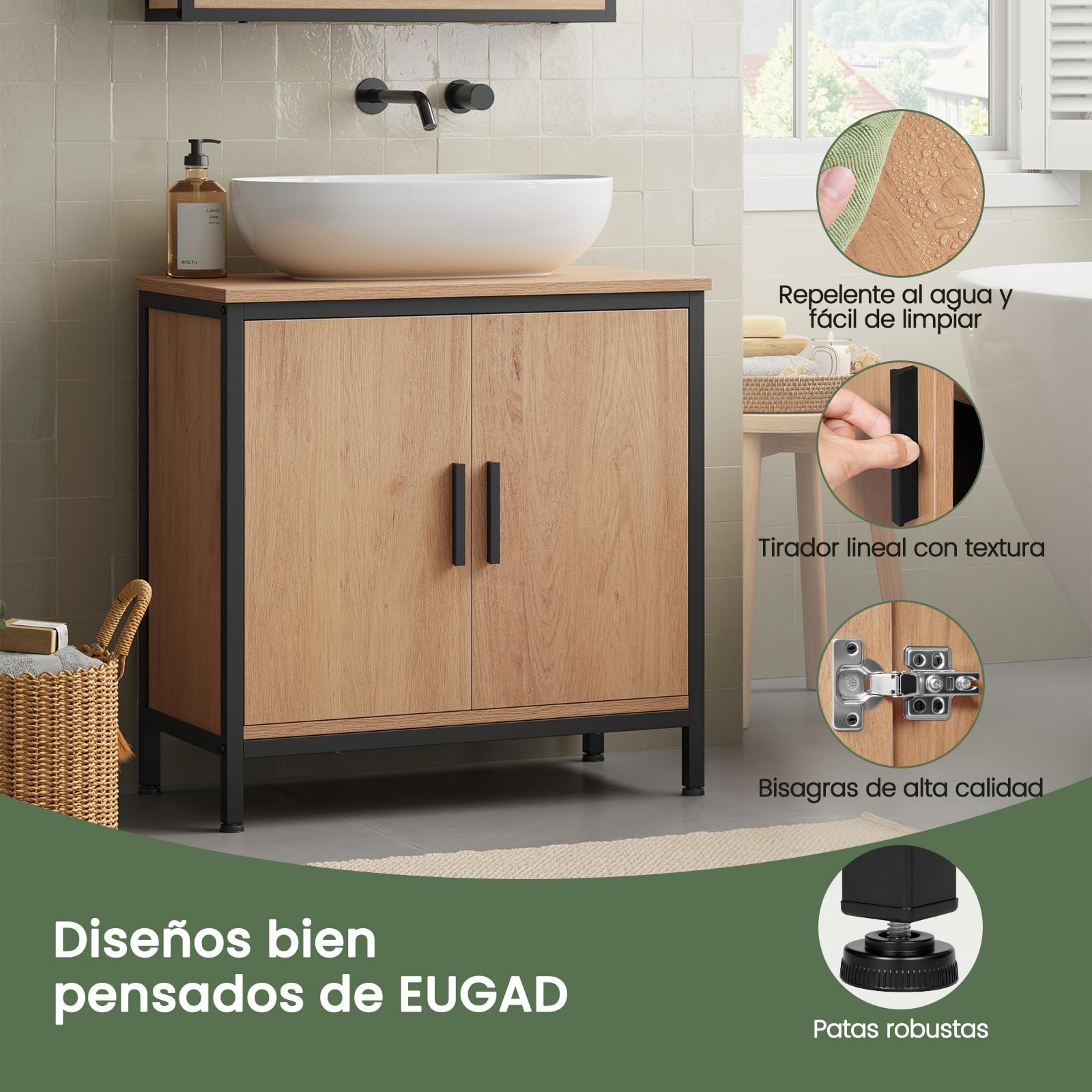 EUGAD Armario de Lavabo con Estante Interno, Mueble Baño Lavabo con Puertas, Bisagras y Patas, Color Madera, 60x30x60 cm