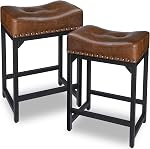 Bar Stools Set of 2, Counter Height Bar Stools for Kitchen Counter, 24 Inch Saddle Barstools, Counter Height Stools for Kitchen Island Support 300 LBS-Brown