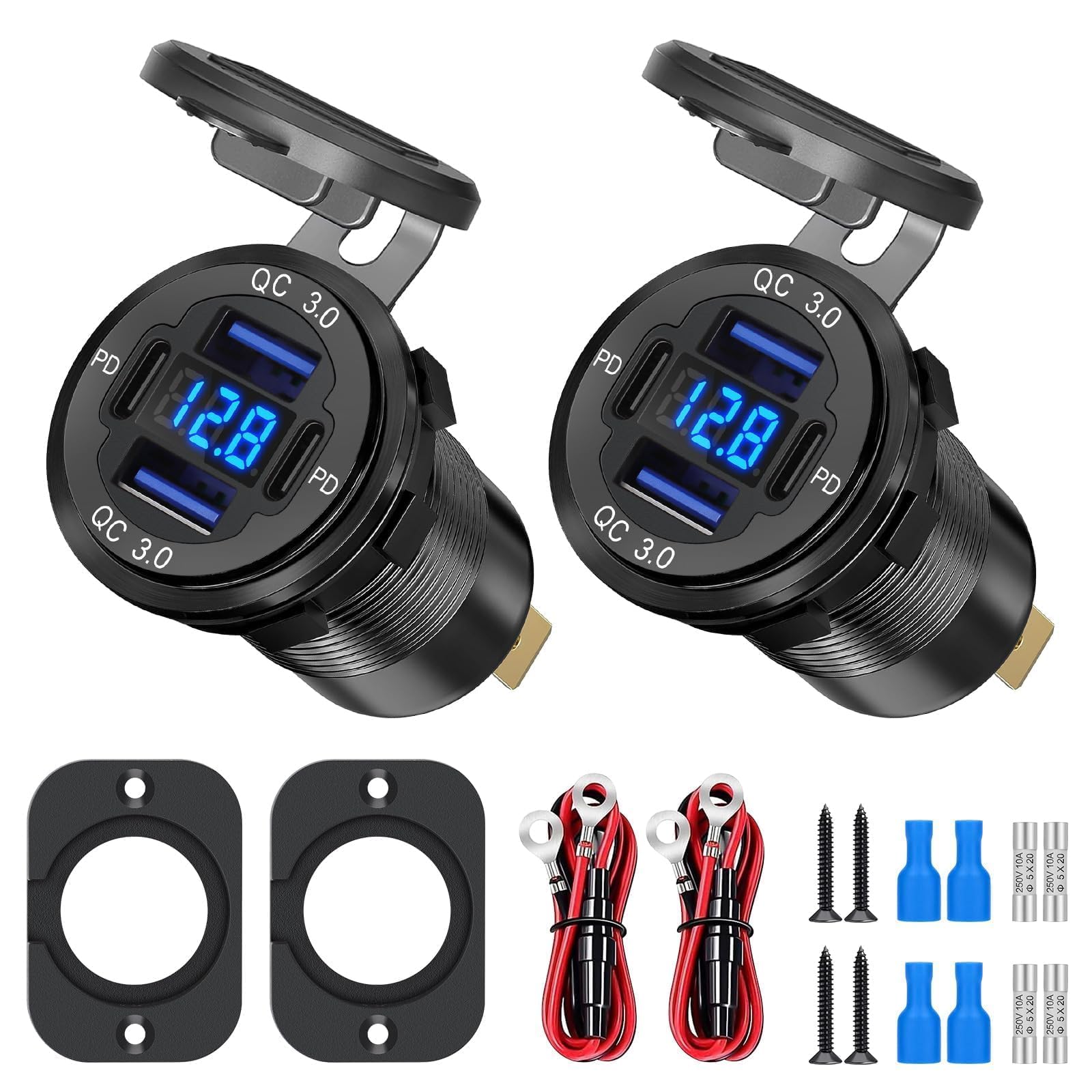 Linkstyle Presa di Corrente USB per Auto, Doppia Presa di Corrente PD Tipo C e QC3.0 con Voltmetro a LED per Auto -2PCS