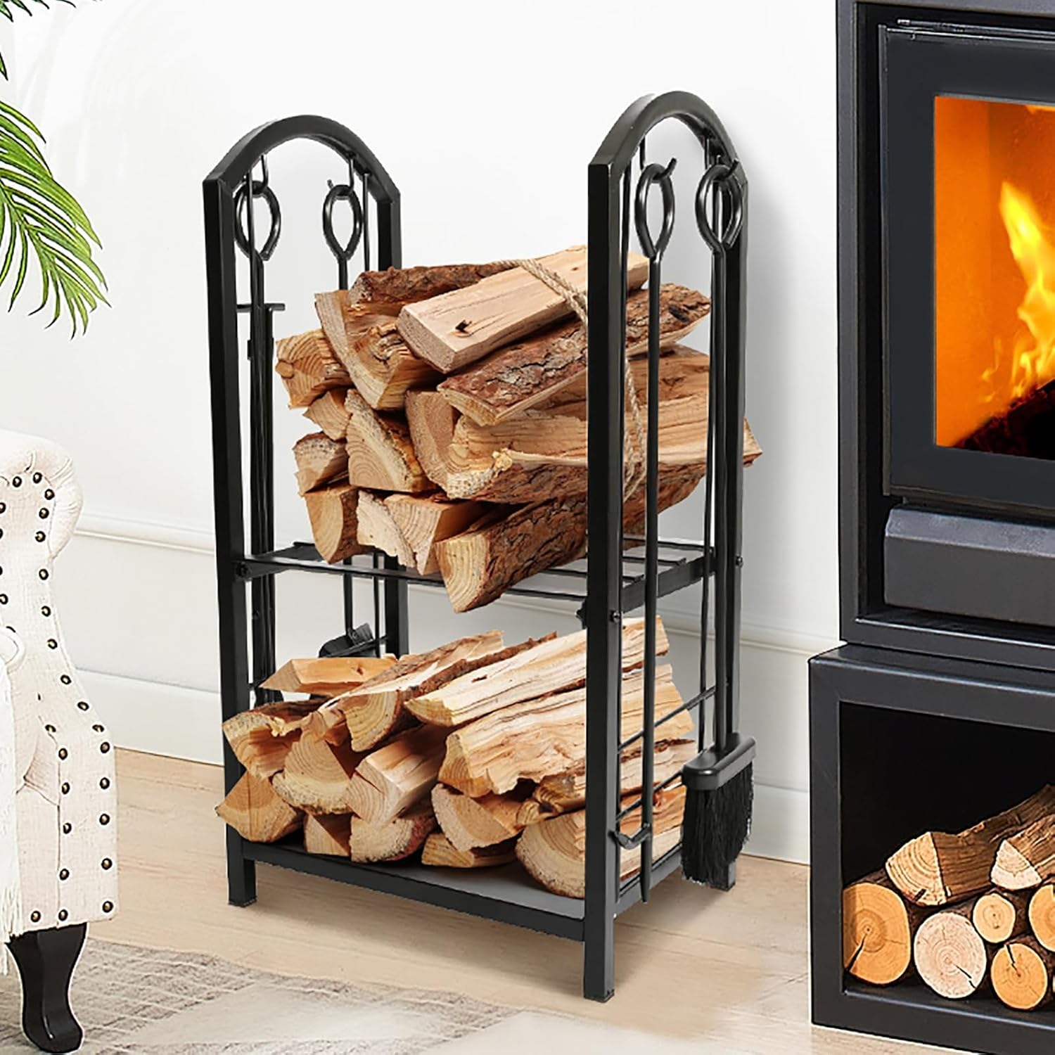 Gtzly Fireplace Accessories, Fireplace Log Rack with Fireplace Tools Set, Fire Wood Holder with Tongs, Poker, Brush and Shovel, Metal Firewood Rack Indoor Outdoor