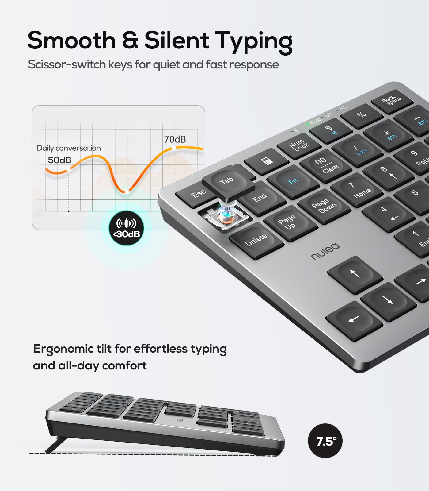 Nulea Kabelloses tragbares Ziffernblatt mit Bluetooth 5.0, wiederaufladbar über USB-C, 34-Tasten-Bluetooth-Tastatur zur Dateneingabe, kompatibel mit Laptop, Mac, iMac, Tablet, PC-Desktop