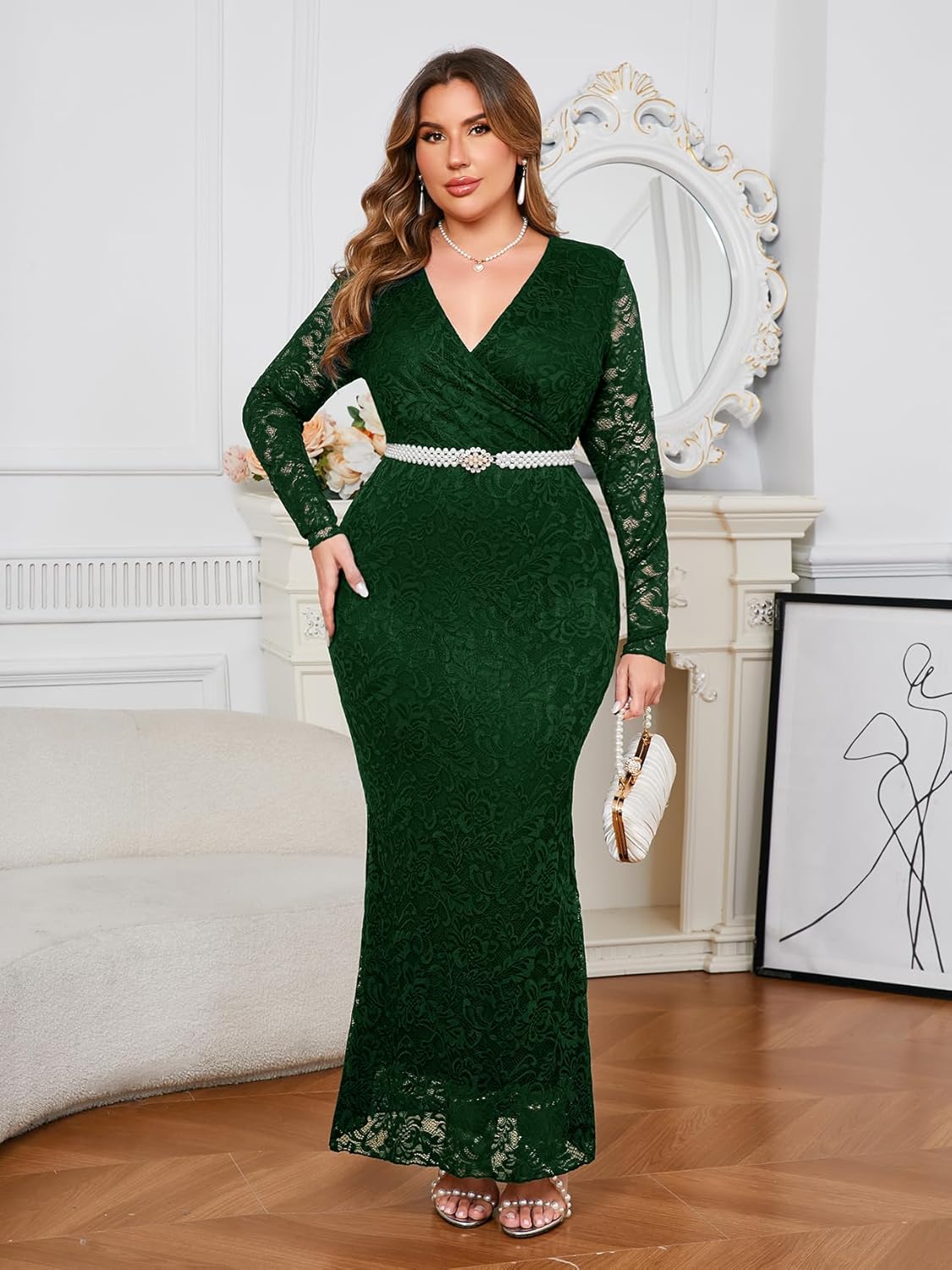 ZOMVA Plus Size Floral Lace Dress Elegant Bodycon Mermaid Maxi Evening Gown V Neck Wrap Long Sleeve Formal Dresses Party, Dark Green,2X - Image 6
