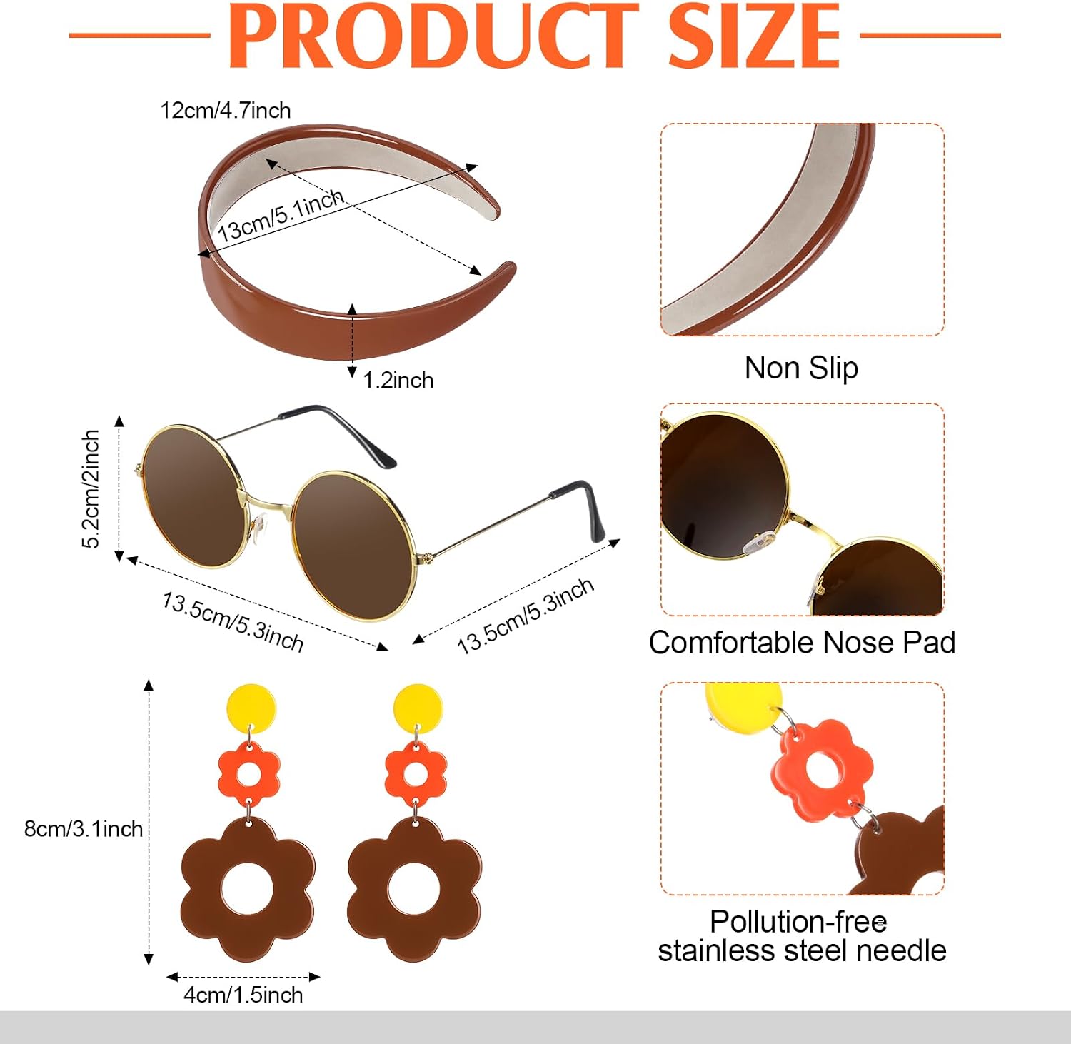 SATINIOR 4 Pcs 60s 70s Women's Hippie Costume Retro Disco Outfit Groovy Earring Headband Dress Sunglasses for Halloween Party
