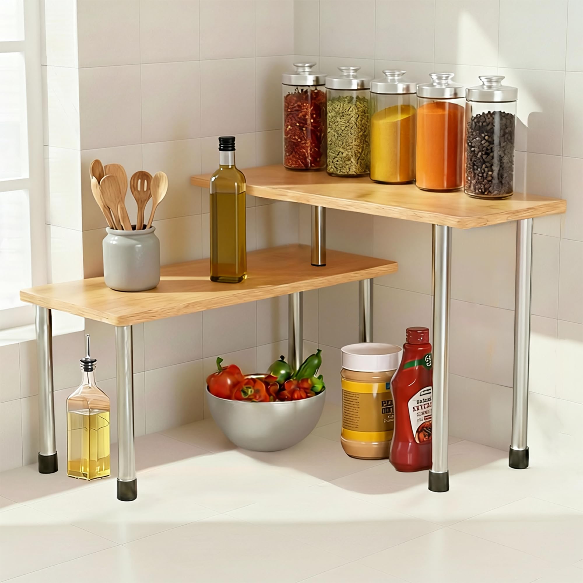 ABJA Premium Bamboo Kitchen Counter Top Organizer, Shelf Rack for Kitchen Storage, Wooden Corner Shelf, 2 Tier Spice, Oil Stand, Tabletop Adjustable Rack (Golden Brown, 2 Tier) discount deal