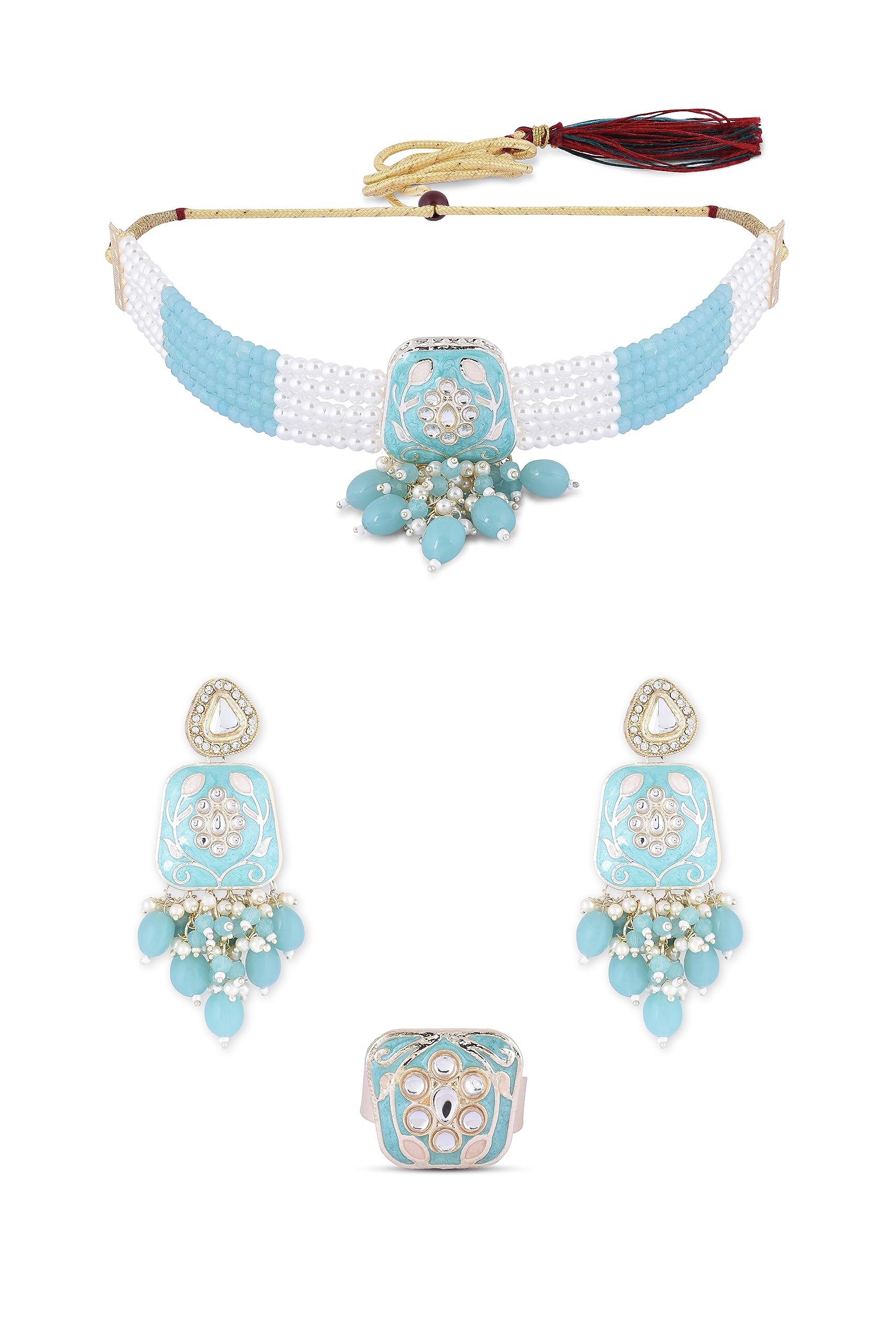 Zaveri PearlsTurquoise Blue Meenakari Multistrand Beaded Kundan Choker Necklace Earring & Ring Set For WOMEN-ZPFK16504 (B0CGHW8KBX) Amazon Price History, Amazon Price Tracker
