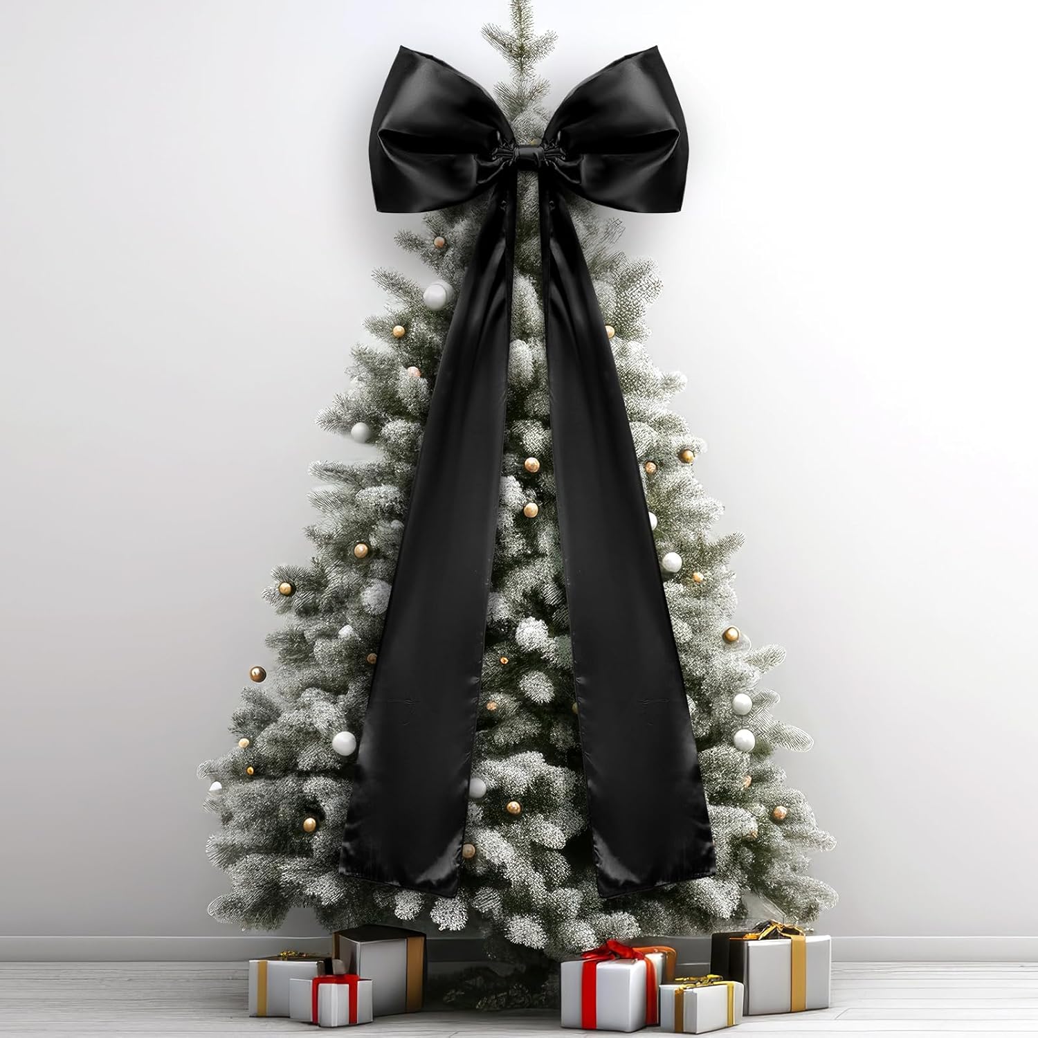 20 x 47 Inches Extra Large Christmas Satin Bows Christmas Tree Topper Decorations Giant Xmas Tree Toppers Bows for Home Wreath Wall Holiday Birthday Wedding Engagement Party Decor(Black)
