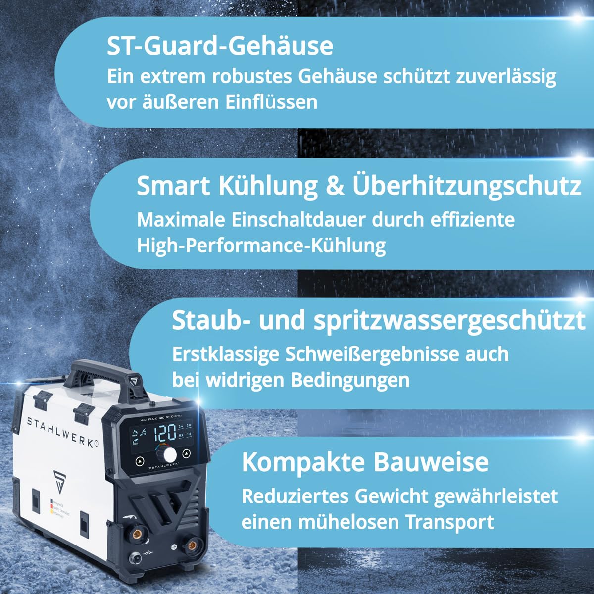 STAHLWERK Schweißgerät Mini FLUX 120 ST Digital – Vollausstattung – Fülldrahtschweißen (FLUX) ohne Schutzgas bis 120 A, synergischer Drahtvorschub, LED-Licht, Lift-TIG- & MMA-Funktion (E-Hand/ARC)