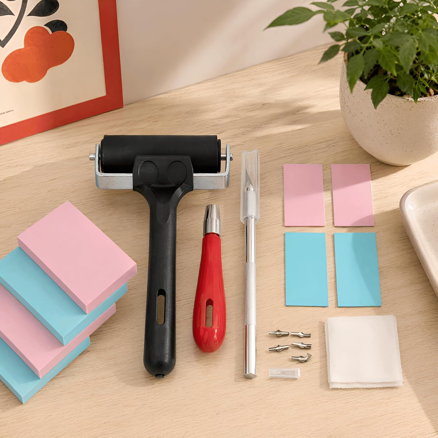 ACNTENY Carving Rubber Stamp Kit with 6 Blades, 4 Blocks Roller & Parchment