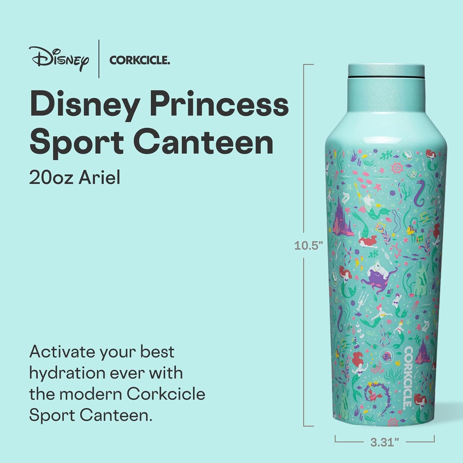 Corkcicle Disney Princess Sport Canteen - Keeps Drinks Cold for 25 Hours - Triple-Insulated Stainless Steel - Screw-On Cap - Summer Drinkware Gift - 20 oz - Ariel - Image 2