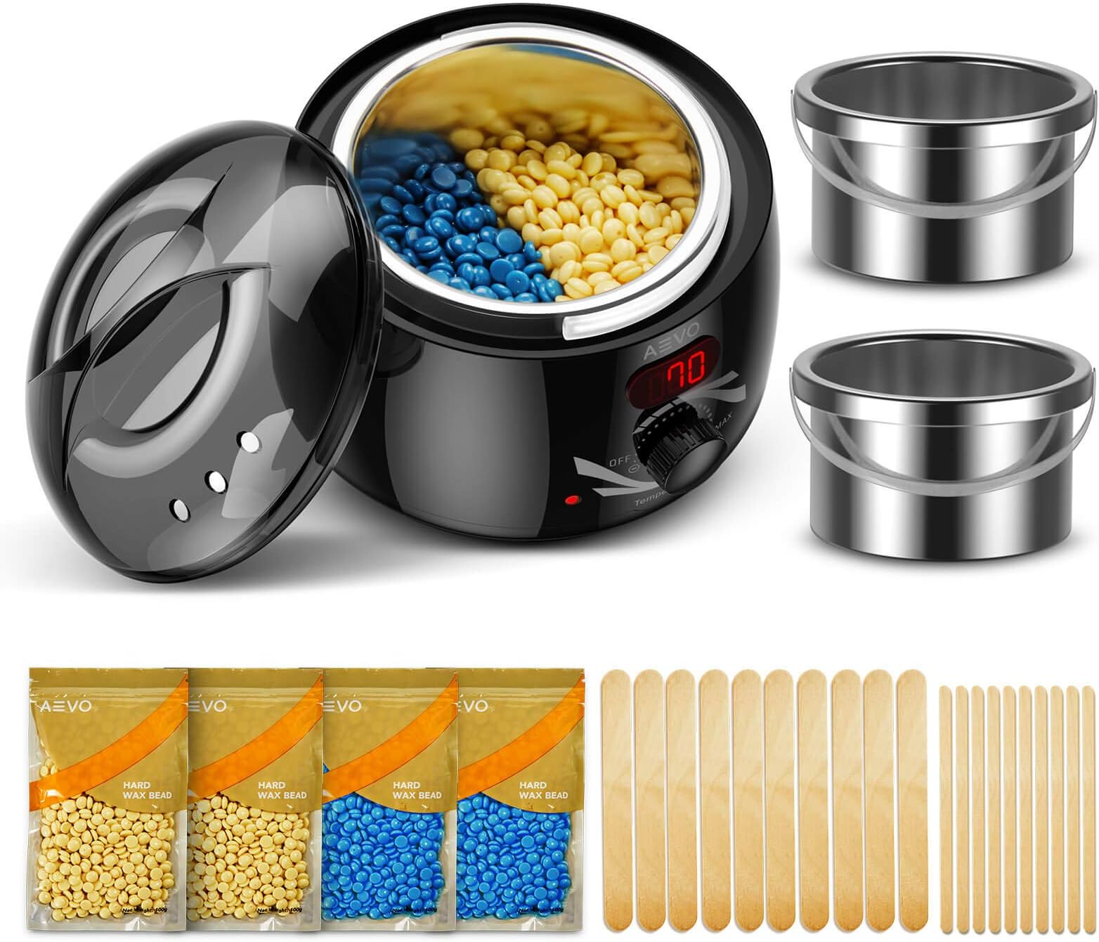 AEVO Waxing Kit for Women & Men, Electric Wax Warmer with 2 Wax Containers for Home, Hair Removal with LED Display, 4 Bags of Painless Hard Wax Beads, 20 Wax Applicators, Body, Bikini, and Face