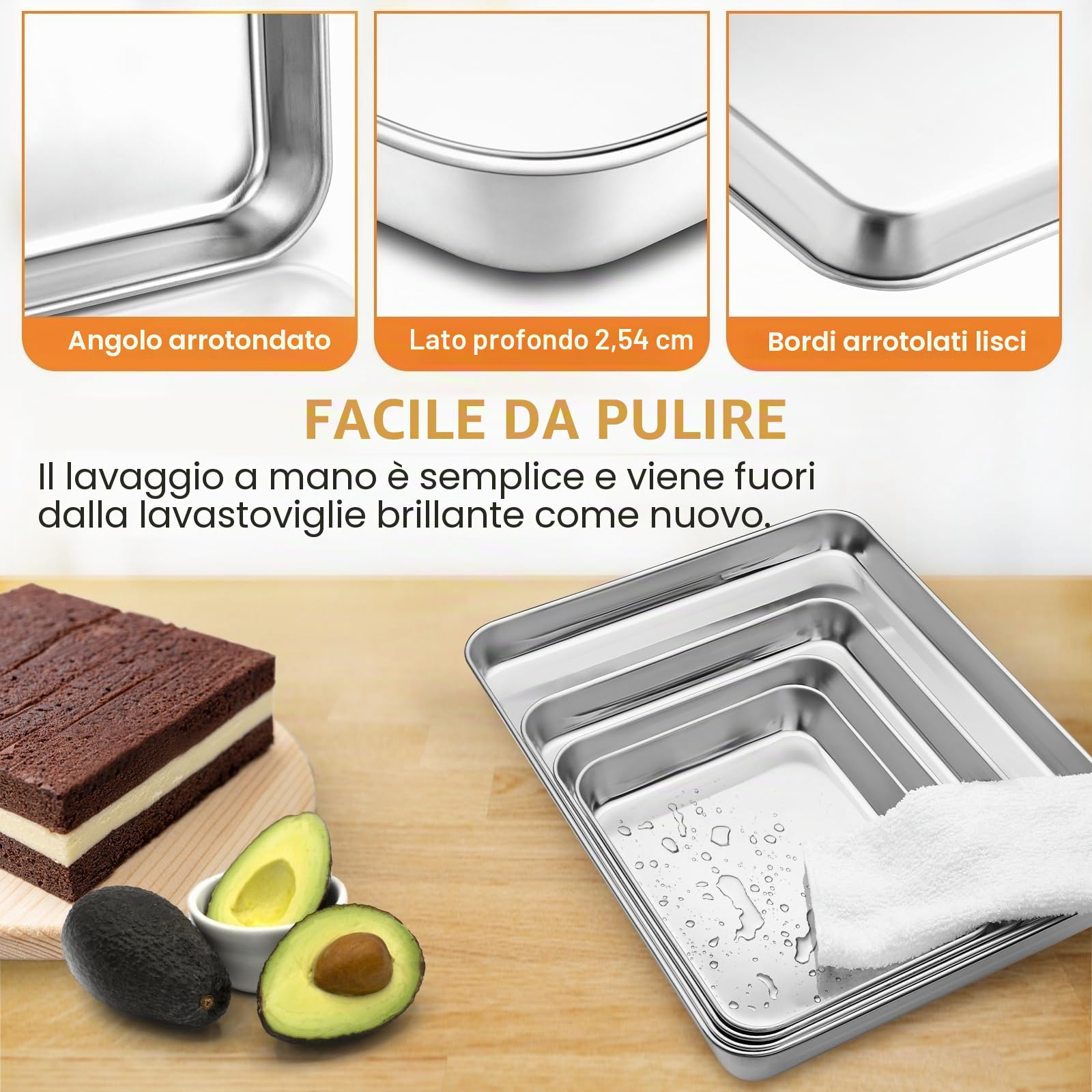 Set di 4 teglie da forno rettangolari in acciaio inox, atossiche e sane, resistenti e durevoli, rifiniti a specchio e lavabili in lavastoviglie