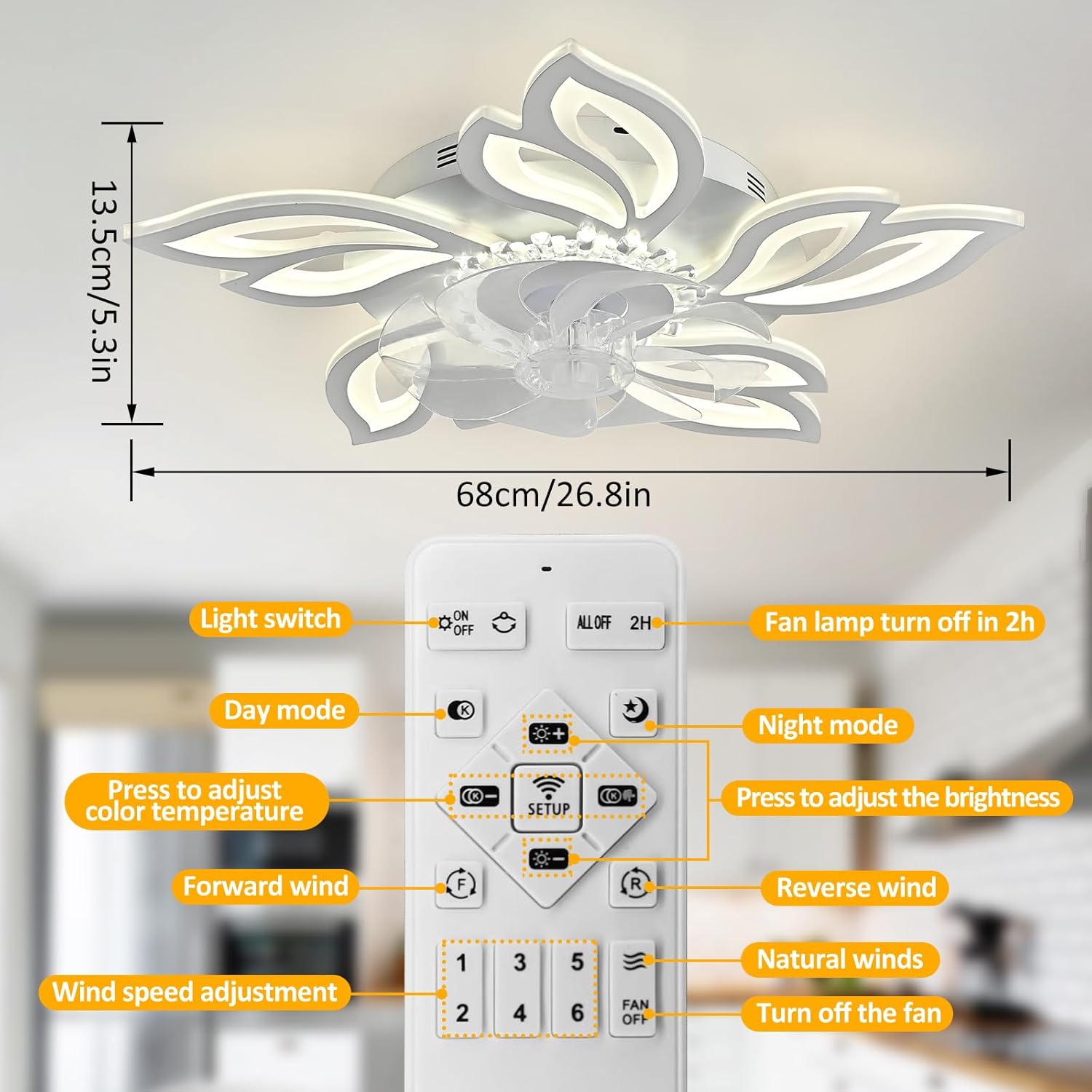 Modern Dimmable Ceiling Fan with Lights - 26.8 inch Petal Chandelier with 6 Speeds and Remote Control for Living Room, Bedroom, Dining Room