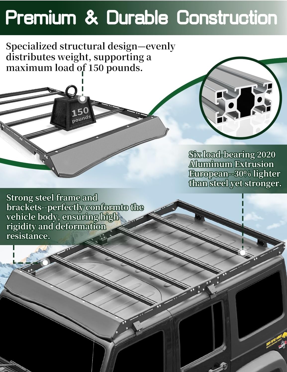 JROAD Wrangler JK Hard top Platform Roof Rack,Full Length Cargo Carrier Basket Cross Bars fit for Jeep Wrangler JK 2007-2018 4 Door Hardtop, Rooftop Storage Carrier Luggage Rack