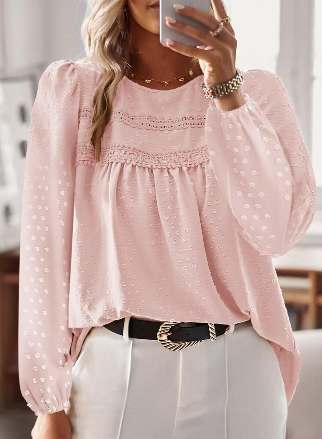 Boho Tops for Women Long Sleeve Shirts Crewneck Flowy Womens Blouses Dressy Casual Lace Hem Clothing Trendy 2026 - Image 4