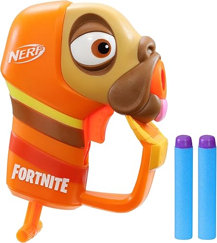Nerf Fortnite Micro Doggo - Mini lanzador de dardos – Diseño de traje Fortnite Doggo – Incluye 2 dardos oficiales Nerf Elite