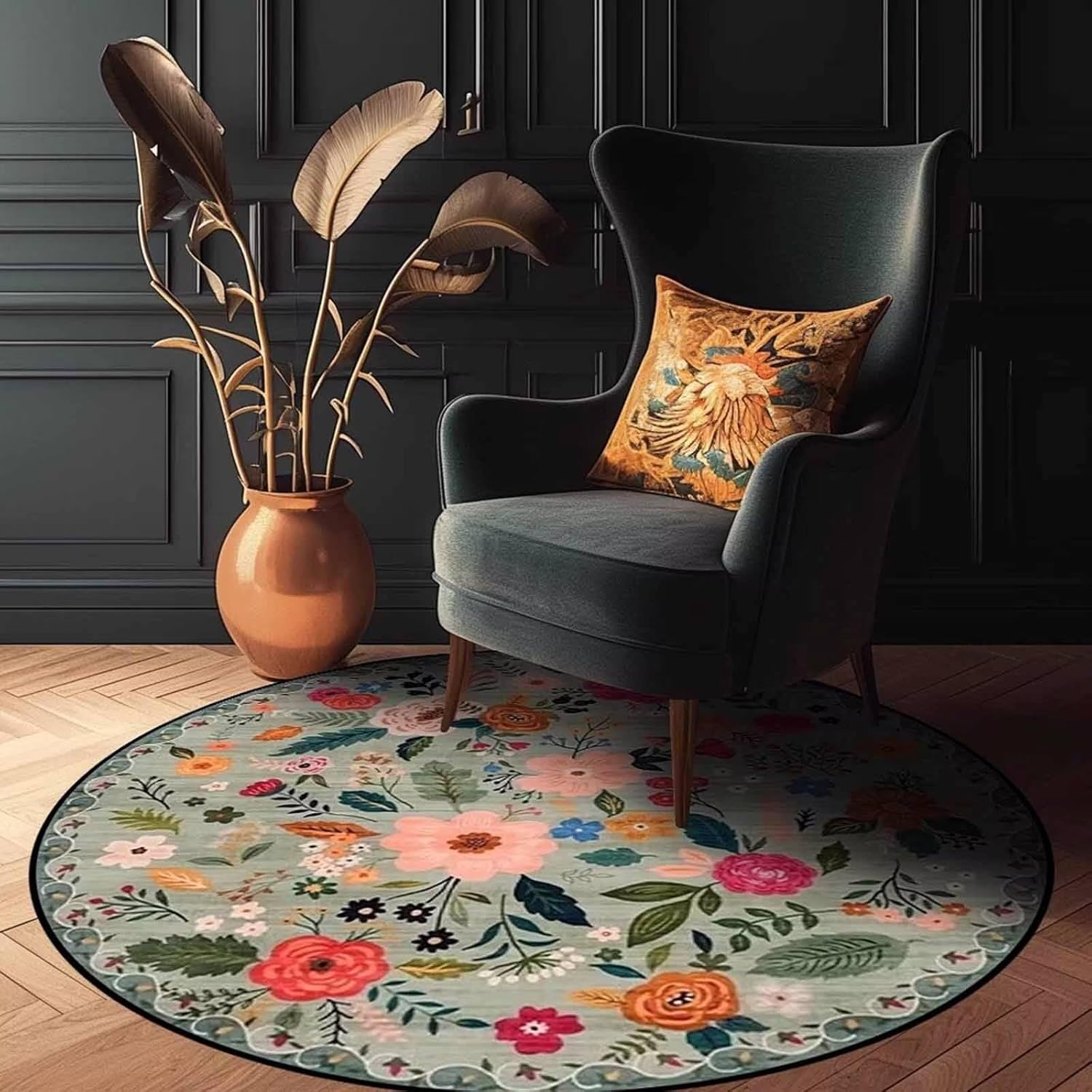 Boho Floral 6 Feet Round Rugs Washable Large Bohemian Floral Throw Area Rug Non-Slip Farmhouse Chic Circle Carpet for Living Dining Room Bedroom Sofa