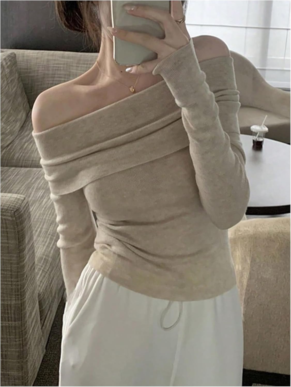 Women's Off The Shoulder Sweaters Slim Fit Jumpers Elegant Pullover Sweaters - Image 3