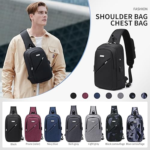 Miniatura 24 de DUSLANG Mochila de hombro para senderismo, bolsa cruzada para hombres, bolsas de pecho con puerto de cargador USB para campamento casual, ciclismo