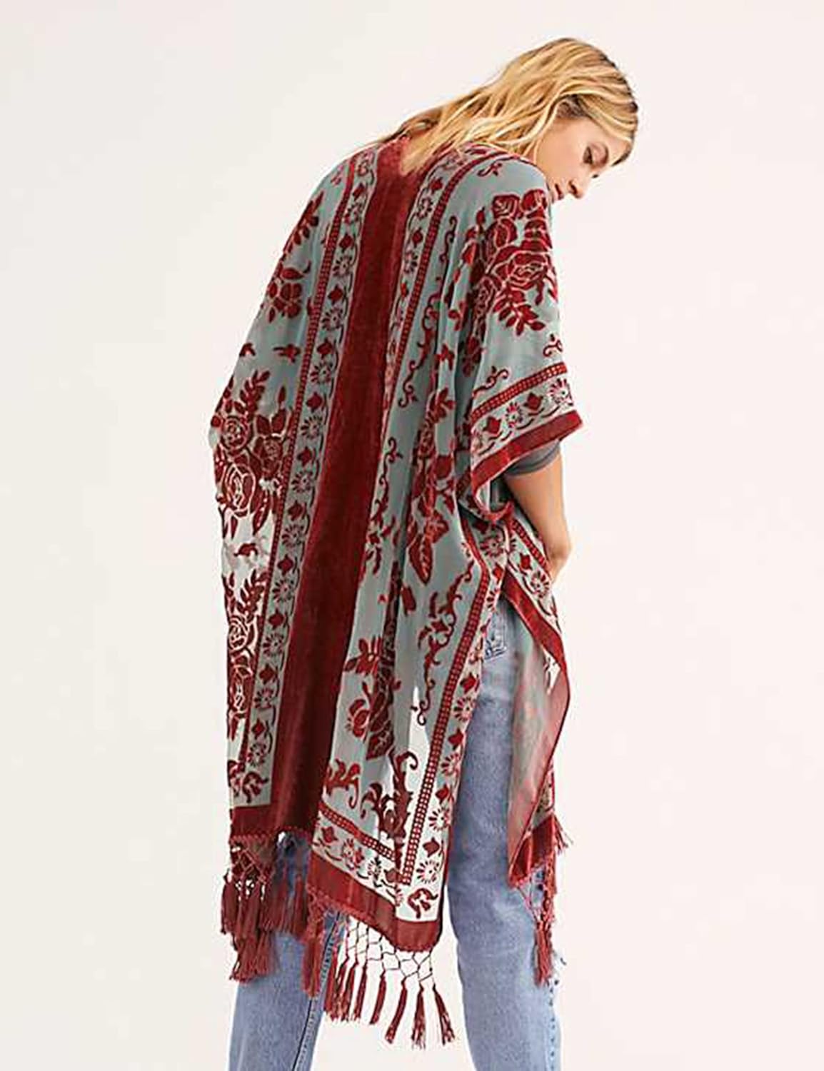 Women's Burnout Velvet Kimono Long Cardigan Cover Up With Tassel - Image 5