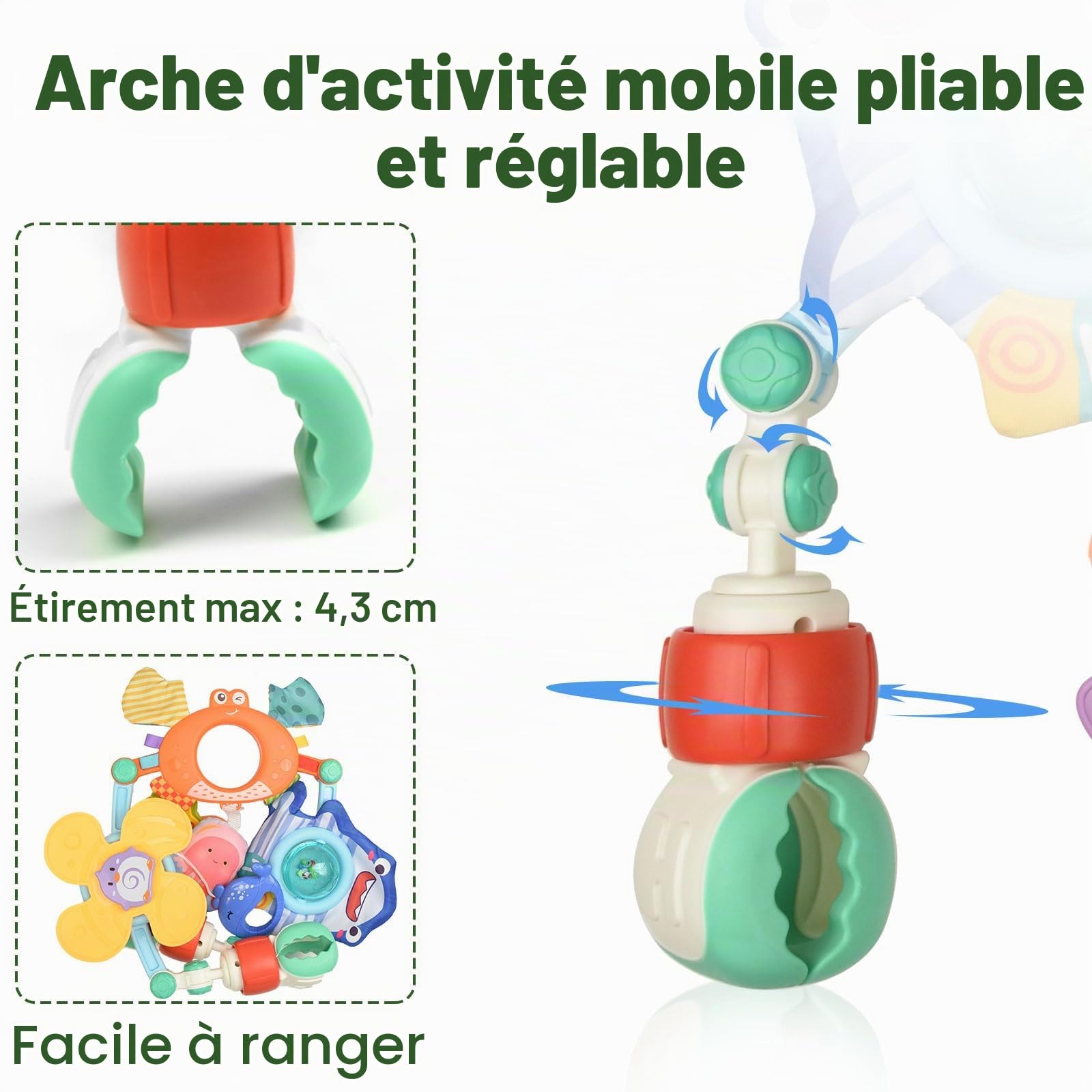 Arche Eveil Bebe, Réglable Arche D'activités pour Bébé avec Hochet Moulin à Vent, Arche Poussette Bebe pour Plupart Poussettes, Jouets D'éveil Bebe Cadeau pour 0 3 6 12 Mois Garçon Fille