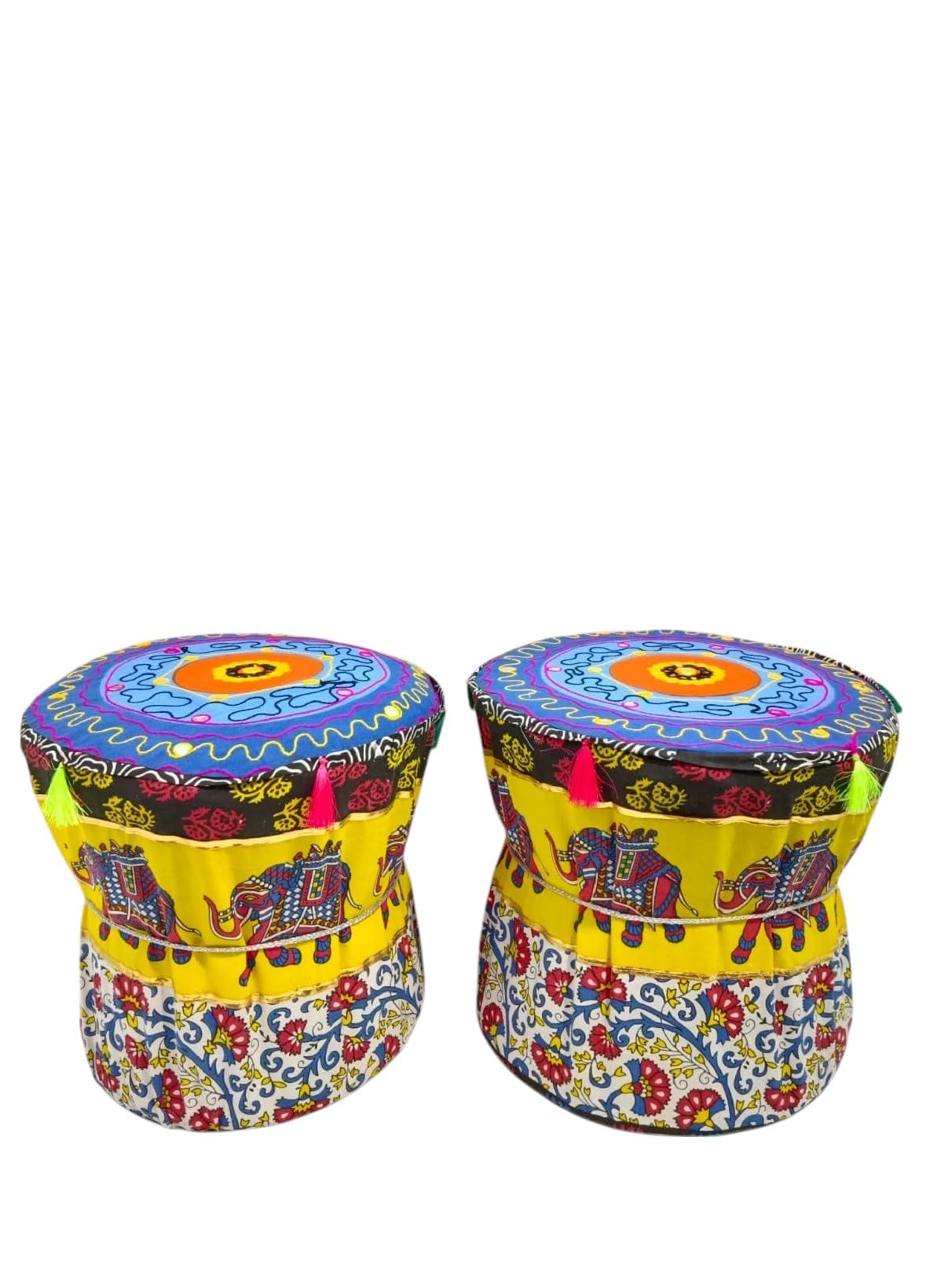 MUDACRAFT Handmade Rajasthani Muda Ottoman Pouf Stool Cover Ethnic Cotton Footrest Pouffe with Yellow Elephant & Floral Print Set of 2 Pieces ONLY Cover-image-32