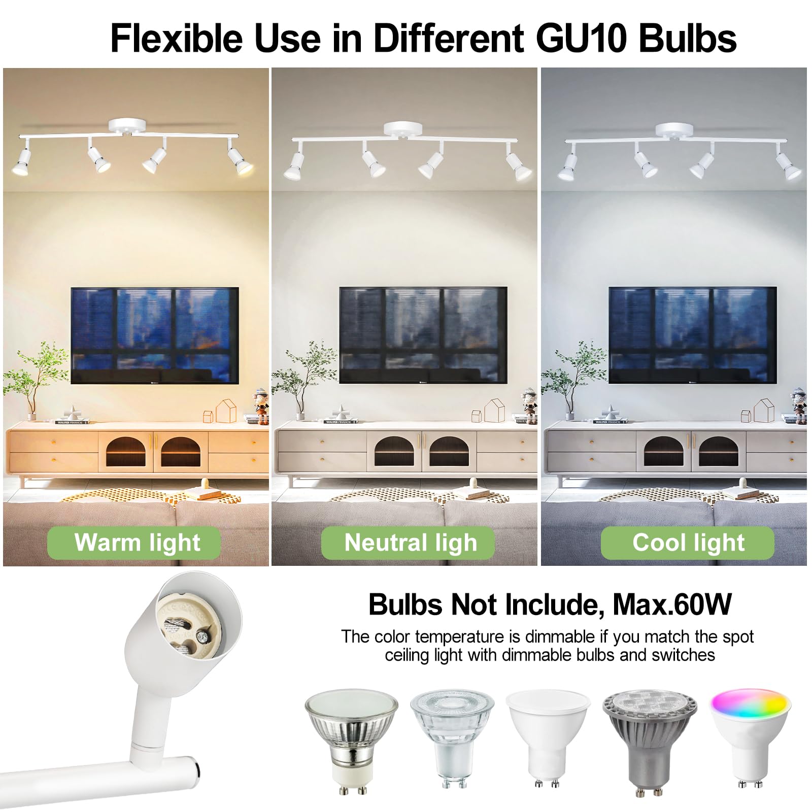 Accesorio de iluminación de riel de 4 luces, cabezales giratorios GU10, blanco mate, bombillas no incluidas, perfecto para cocina, oficina, lavandería, comedor 4