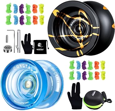 MAGICYOYO N11 Black Golden Unresponsive Yoyo Alloy Aluminum YoYo K2 Crystal Blue Responsive Plastic Fingerspin Kids Beginner Yoyo with Yoyo Glove, Yoyo Bag, Yoyo Strings