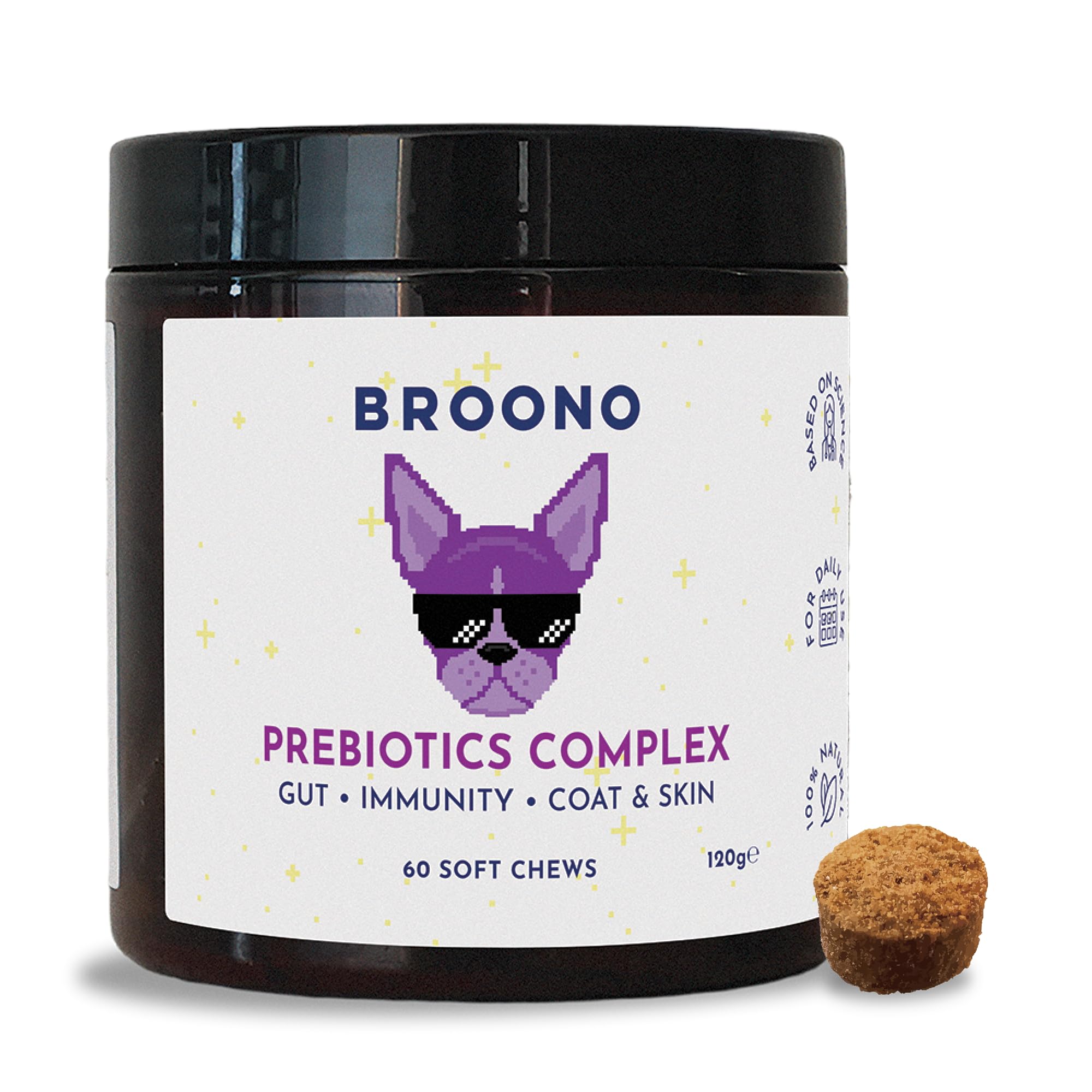 Anti Itch for Dogs with Prebiotics, Pumpkin, Psyllium, Inulin - Stop Licking Paws, Scratching Ears & Red Irritated Skin by Improving Gut Health - 60 Soft Chews, BROONO Prebiotics Complex