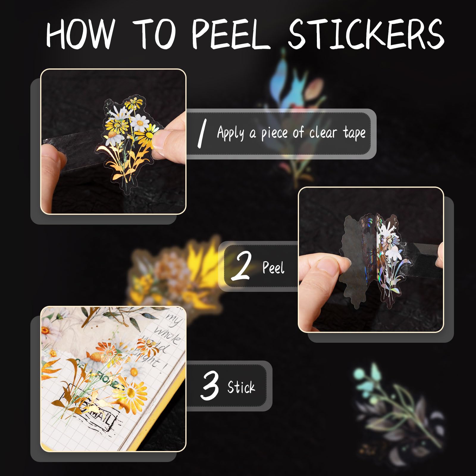 Dizdkizd Juego de calcomanías holográficas de flores y hojas, 240 calcomanías botánicas doradas para álbumes de recortes, pequeñas calcomanías florales transparentes para diario, planificador, álbum