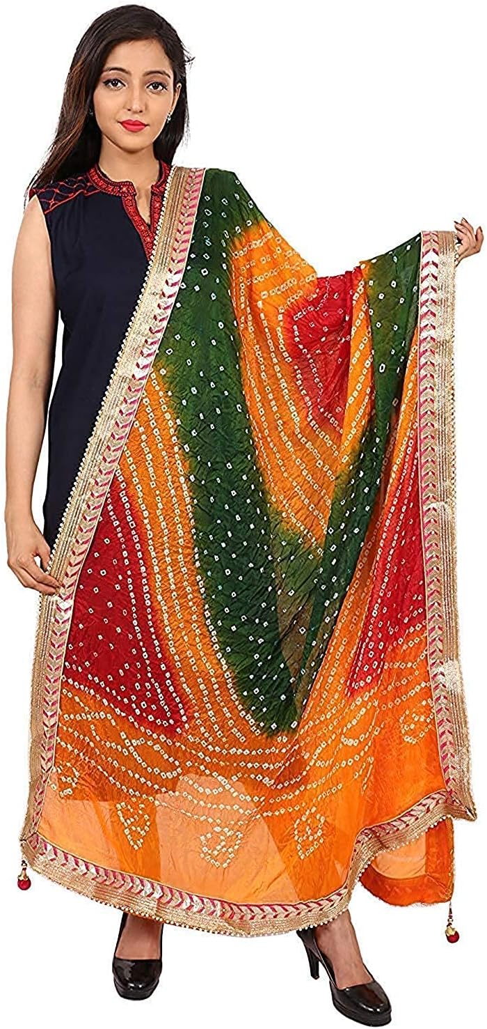 PK HUBJaipuri Rajasthani Women's Silk Bandhani Bandhej Multi-Colored Heavy Dupatta With Gota Work And Latkan