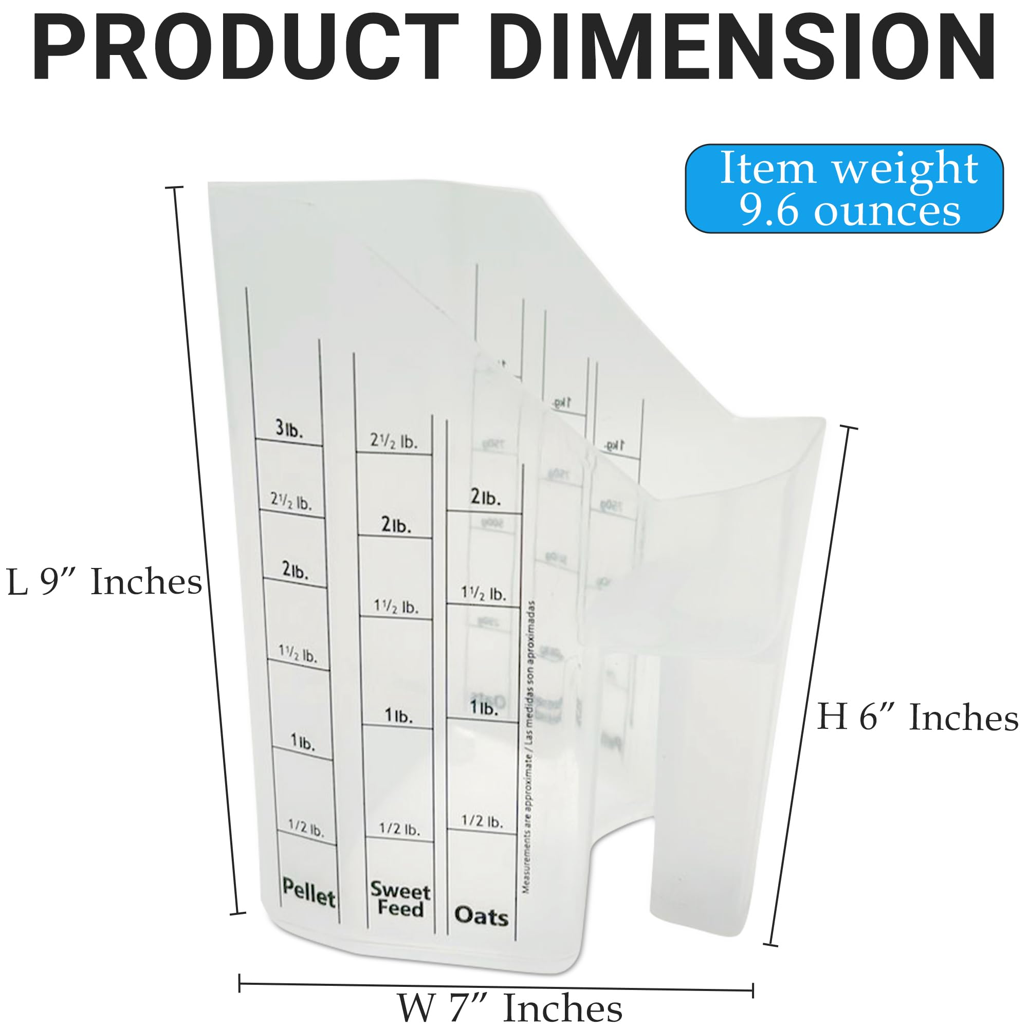 Tharos Distribution Clear Plastic Feed Scoop with Measurement Markings, Durable Sturdy Handle, Reusable Pellet Scoop for Horse Goat Sheep Cattle Stable Feeding, Large