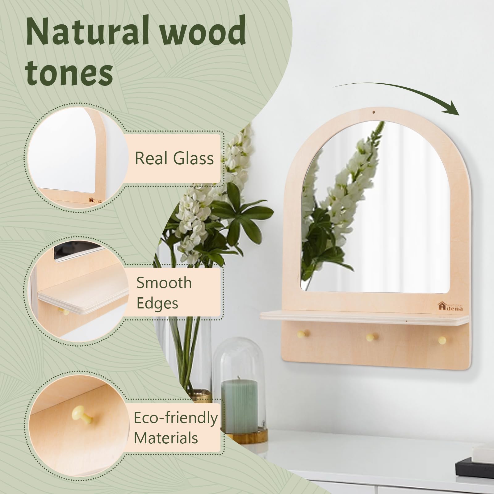 Adena Montessori Montessori - Espejo para niños pequeños con 3 Ganchos, Espejo de Pared de Madera Seguro para Cuidado Personal, Almacenamiento y decoración