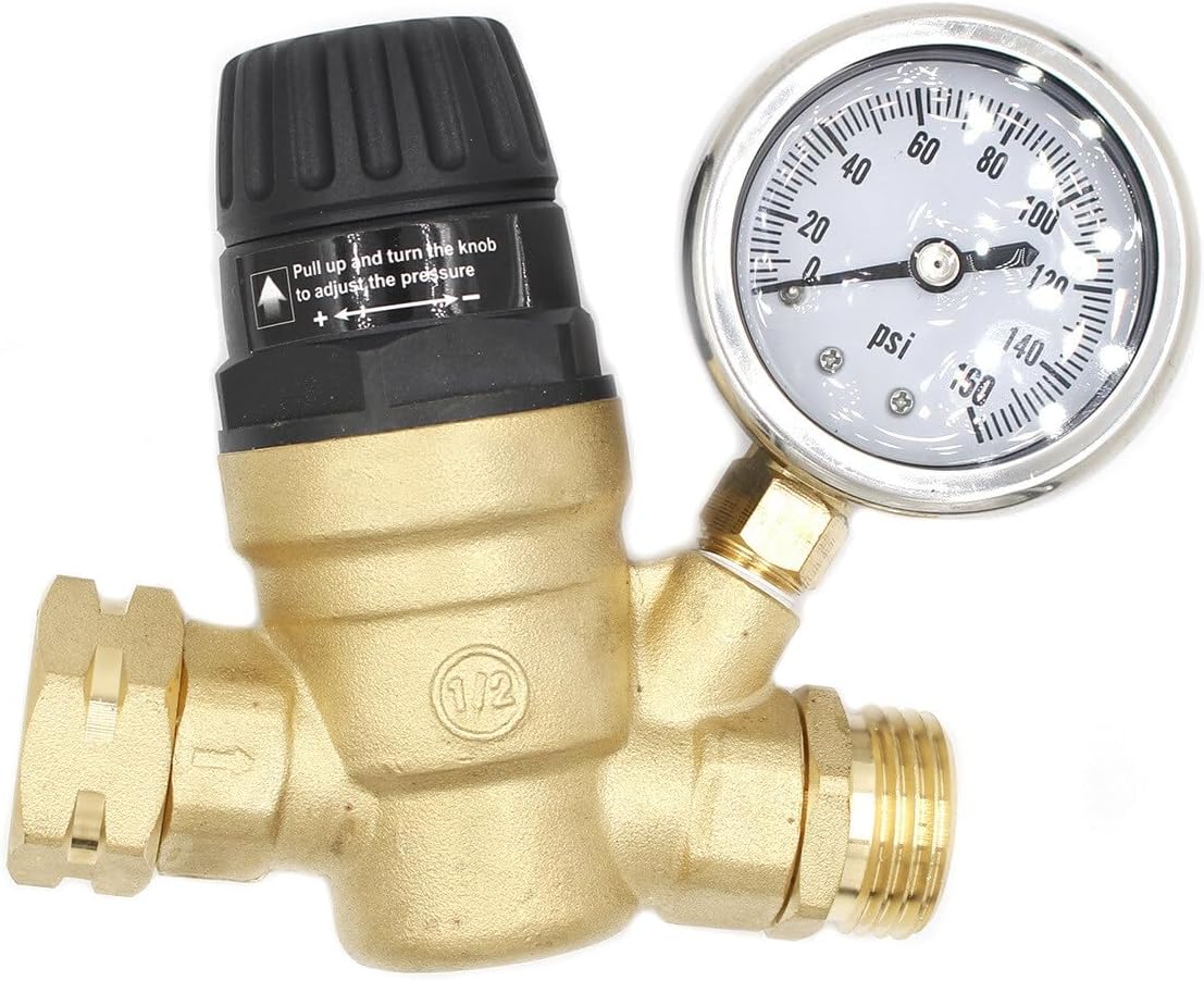 Adjustable RV Water Pressure Regulator with Gauge for Camper, Travel Trailer, Garden Hose, 0-160 PSI, Lead-Free Solid Brass for RV Camper Travel Trailer