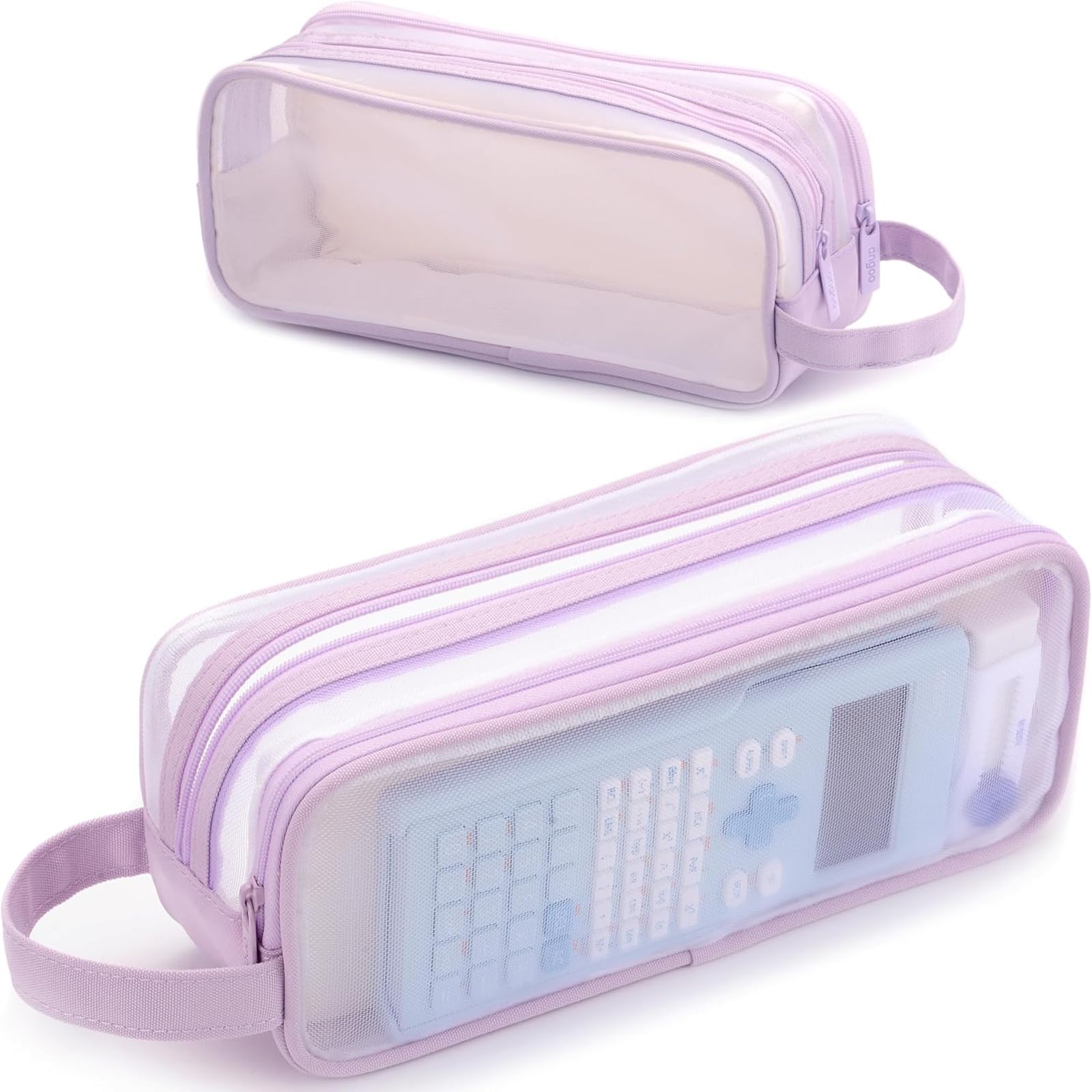 Clear Mesh Pencil Case, Purple Large Stationery Pouch, 2 Compartments