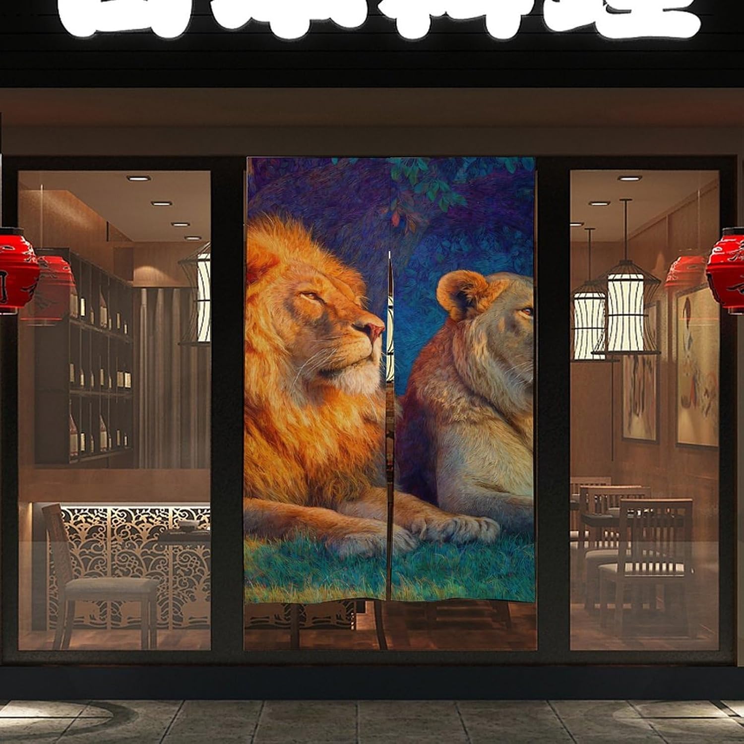 Lion Couple Doorway Curtain Insulated Room Divider Drapes | white linen,privacy curtains