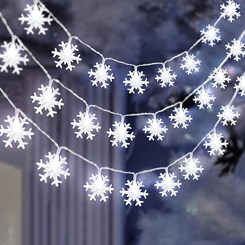 Guirnalda de luces de copo de nieve de Navidad, 20 pies, 40 LED, funciona con pilas, impermeable, para interiores y exteriores, para dormitorio,
