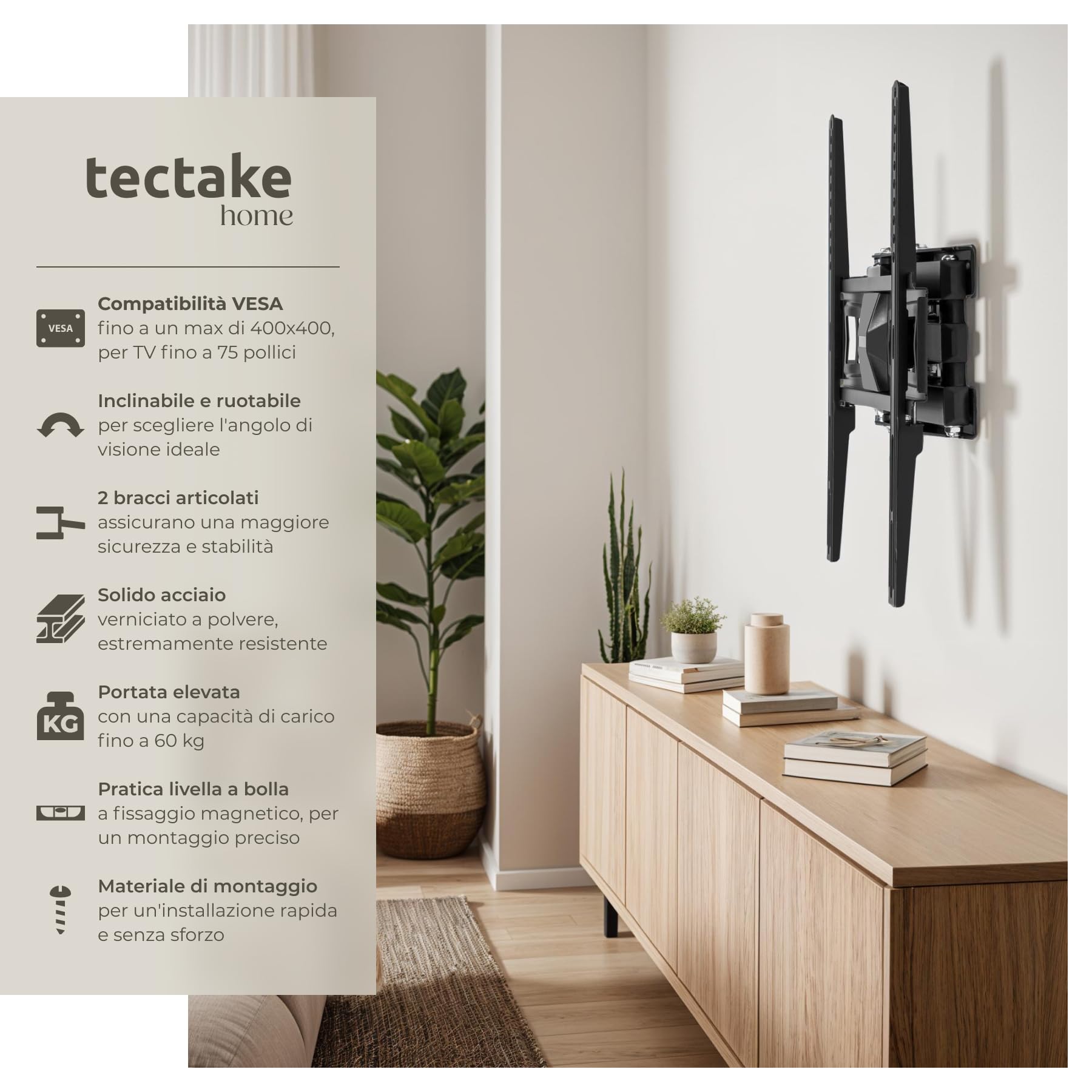 tectake® Supporto Universale Parete, Muro, per TV 26-75″ (66-191 cm), Inclinabile, Girevole, Estensibile, Staffa TV, VESA max. 400 x 400, Portata 60 kg 32"–60", Distanza Parete da 66 a 340 mm