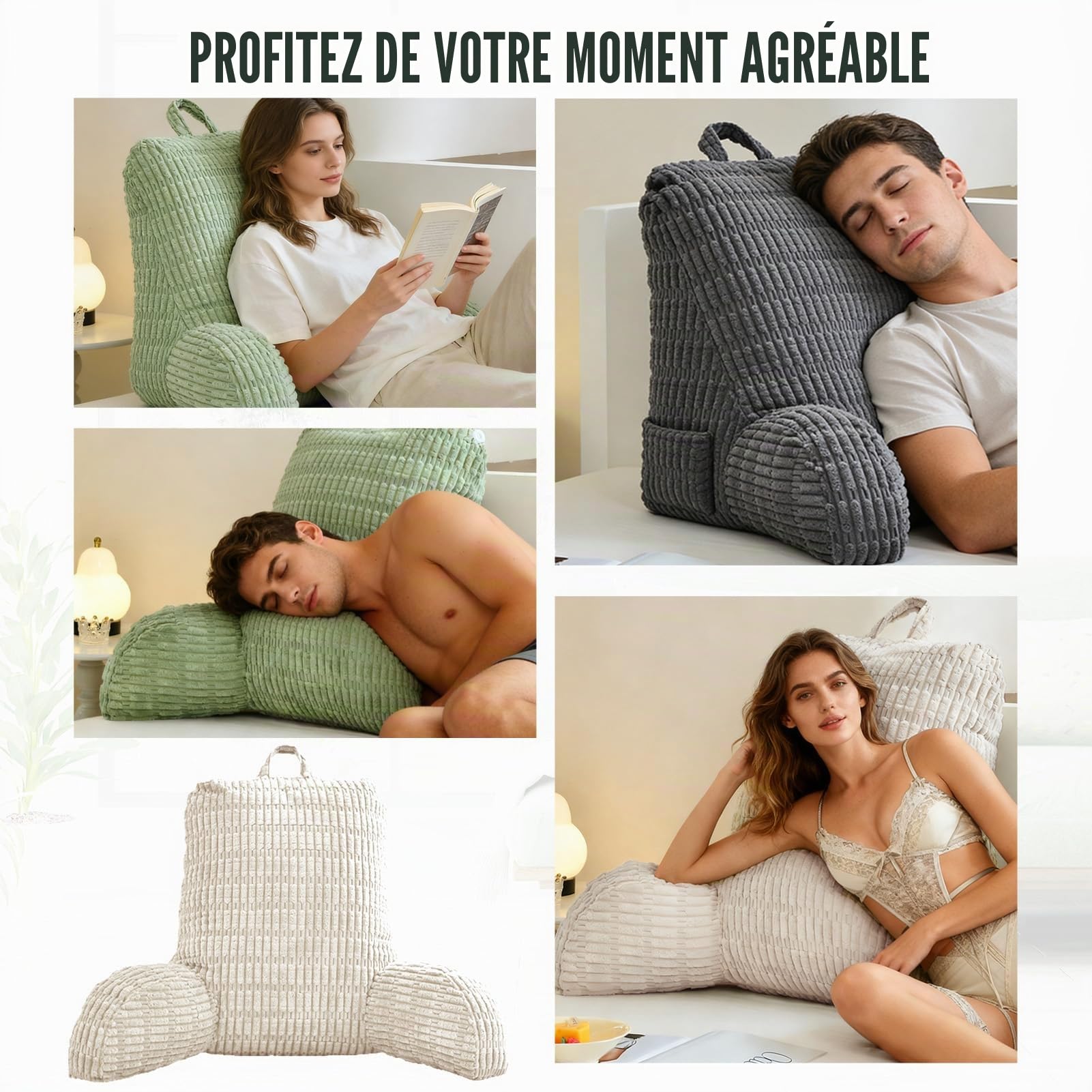 Coussin de Lecture pour Lit et Canapé, Canapé Adulte avec Coussin de Dossier, Coussin d'Assise avec Accoudoir, Dossier, Convient pour Regarder la Télévision, Lire, Jouer au Téléphone(Blanc)