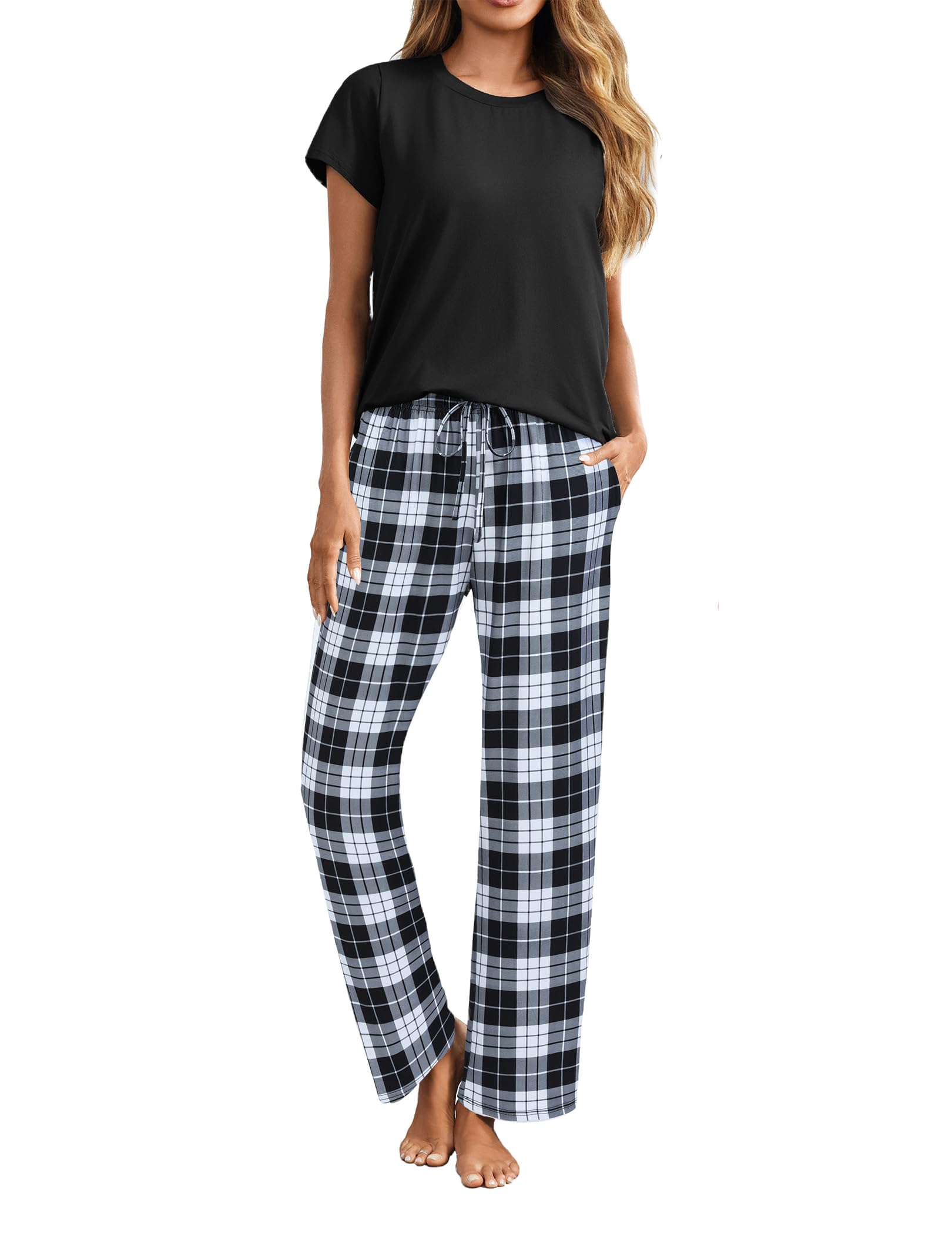 Ekouaer Women's Pajamas 2 Piece Pajama Sets Soft Short Sleeve Sleepwear Ladies Lounge Sets