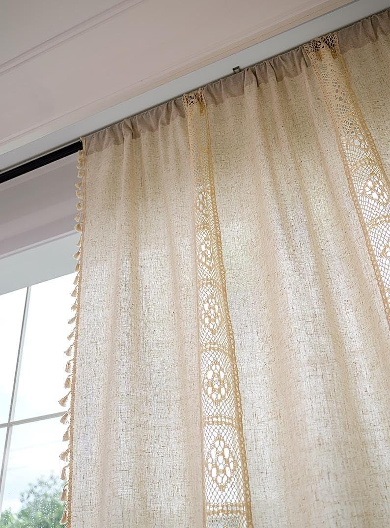 Rideau de Ferme au Crochet, Rideau d'épissure Creux | Rideau Beige Style Boho, semi-occultant, for chambre à coucher et salon(150*120cm)