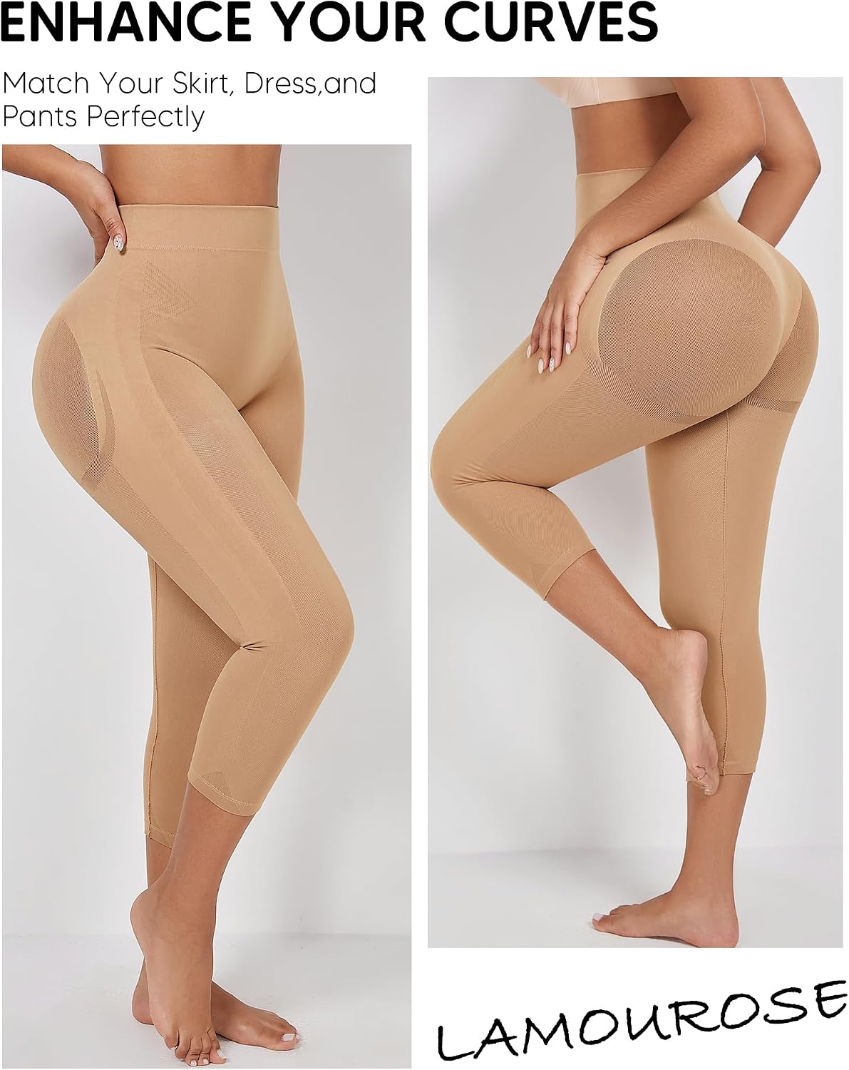 Lamourose Seamless Shapewear Leggings Butt Lifting Capri Thigh Slimmer Body Shaper for Women Tummy Control