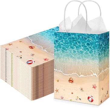 Kolldenn 30 Pcs Summer Beach Party Paper Gift Bags Seashell Beach Decorations Ocean Theme Goody Favor Bags with Handle Ocean Birthday Party Supplies for Baby Shower Wedding Luau Tropical Holiday