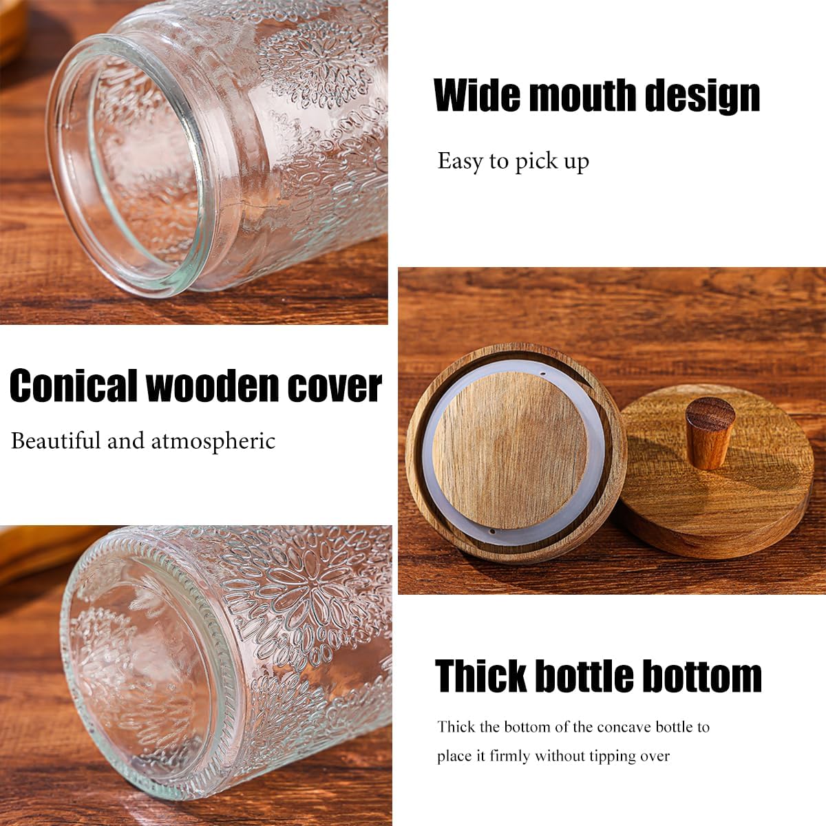 Vintage Glass Jars with Airtight Wood Lids & Handles - 16.9 OZ Set of 4 - Coffee Jars,Tea Canisters,Candy Jars for Flour,Sugar- Kitchen Pantry Containers (4, Starburst pattern) - Image 3