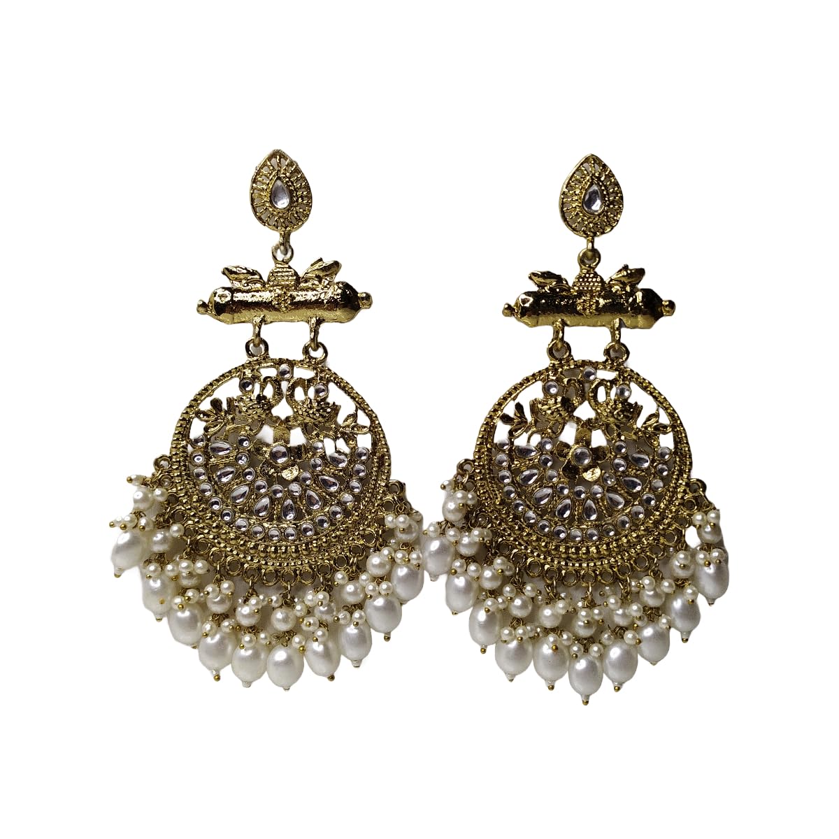 Mintlyjet Traditional Gold Plated Long Chandbali Earrings with Kundan and Pearl Work for Women (White)