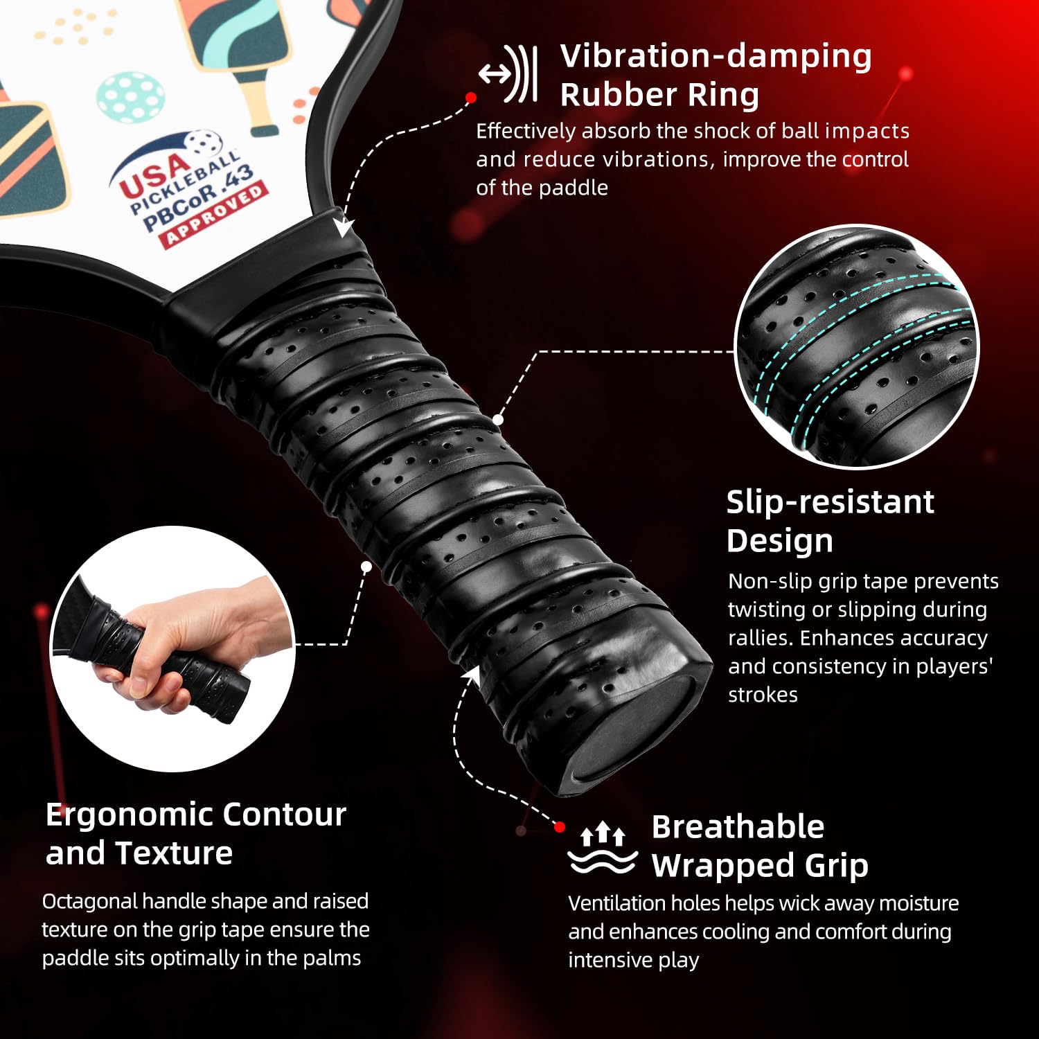 BAGAIL Set di racchette da pickleball, racchette con 4 palline, leggere - Elevato assorbimento degli urti - Ergonomiche, adatte per partite indoor e outdoor - 5