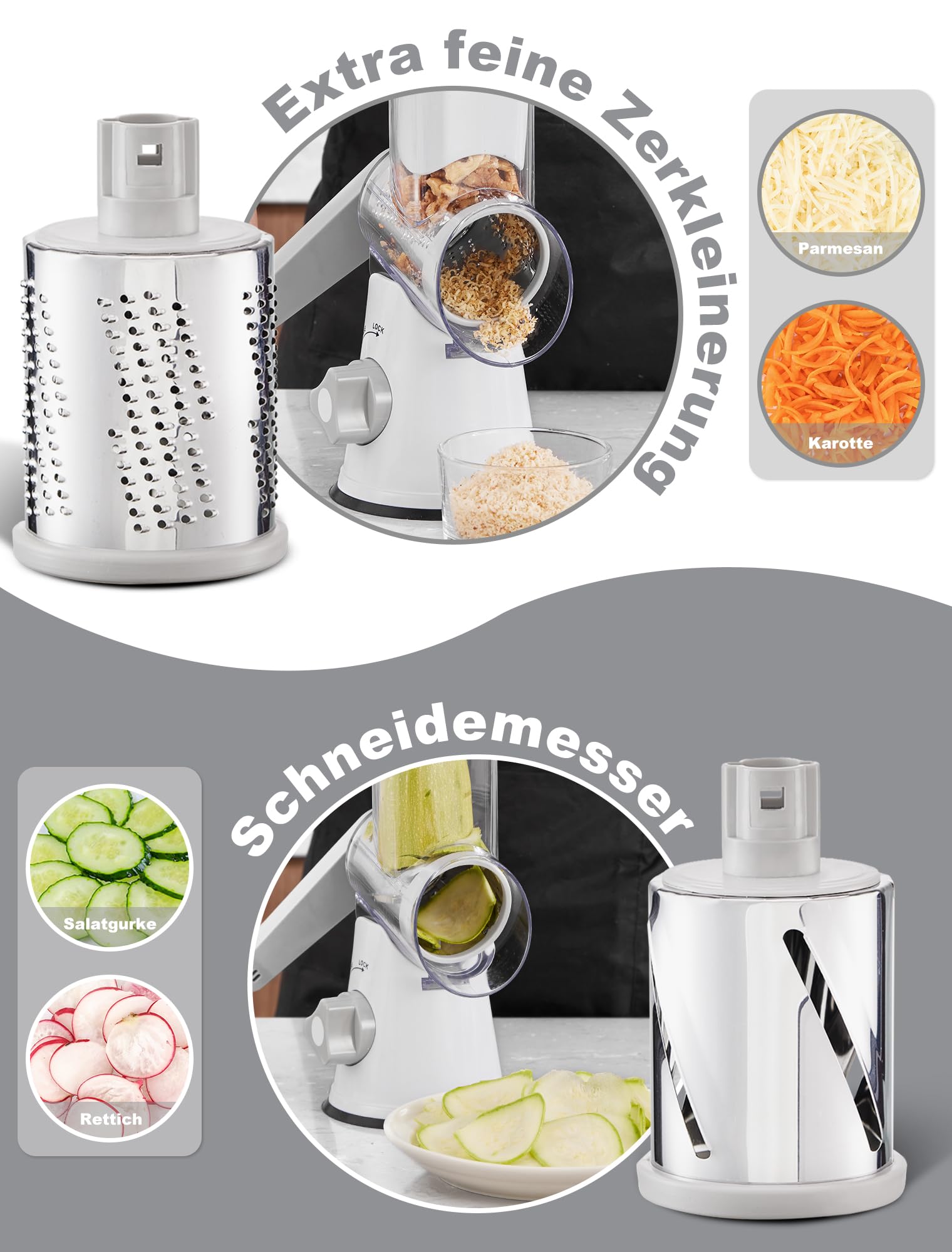 GDL Ice Crusher, Slushy Maker Maschine mit 3 Trommelmessern, Eiscrusher Manuell mit Kurbel Spülmaschinenfest und Schnellschnitt, Crushed Ice Maker Reibe für Eis, Slushy, Gurke, Karotte, Käse (Weiß)