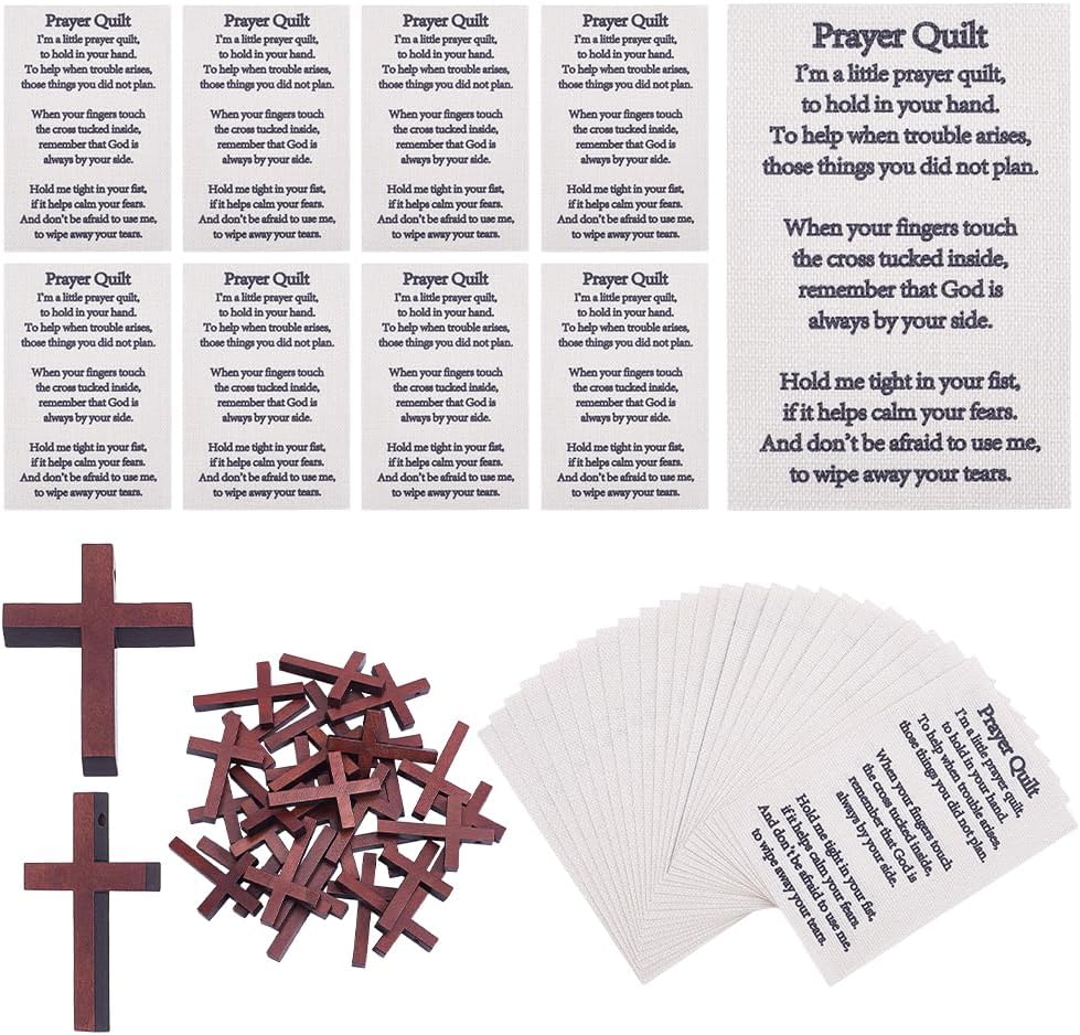 ORIGACH Pocket Prayer Quilt Text Panel Set 25 Pcs Panel Prayer Quilt Squares with 25 Pcs Small Wooden Cross Mini Scripture Religious Faith Church Gift for Women Mother Family Friends