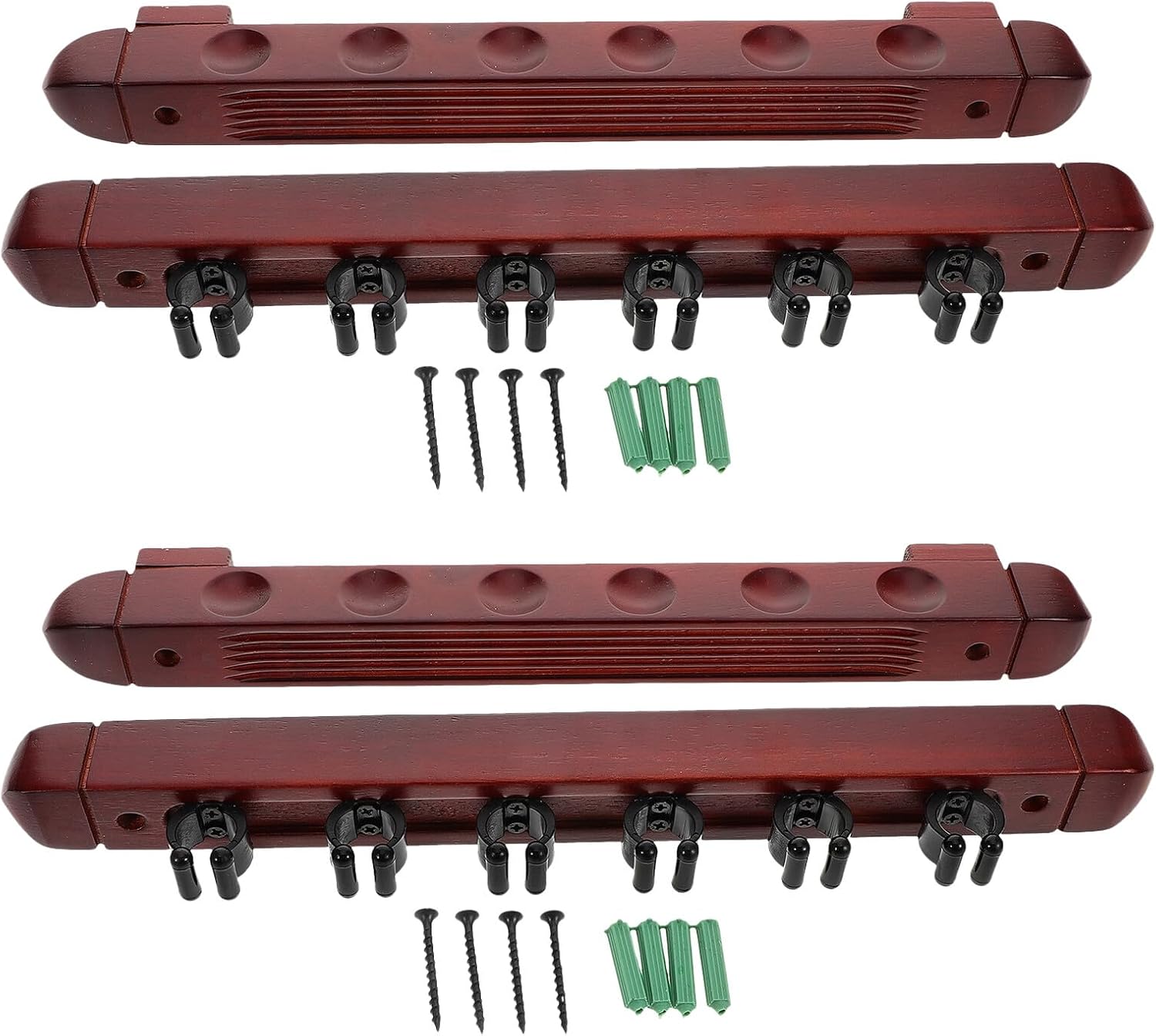 BESTonZON 2 Sets 6-hole Solid Wood Pool Cue Rack Wall Mount Billiard Stick Organizer for Players Home Or Bar Cue Display Holder Wine Red