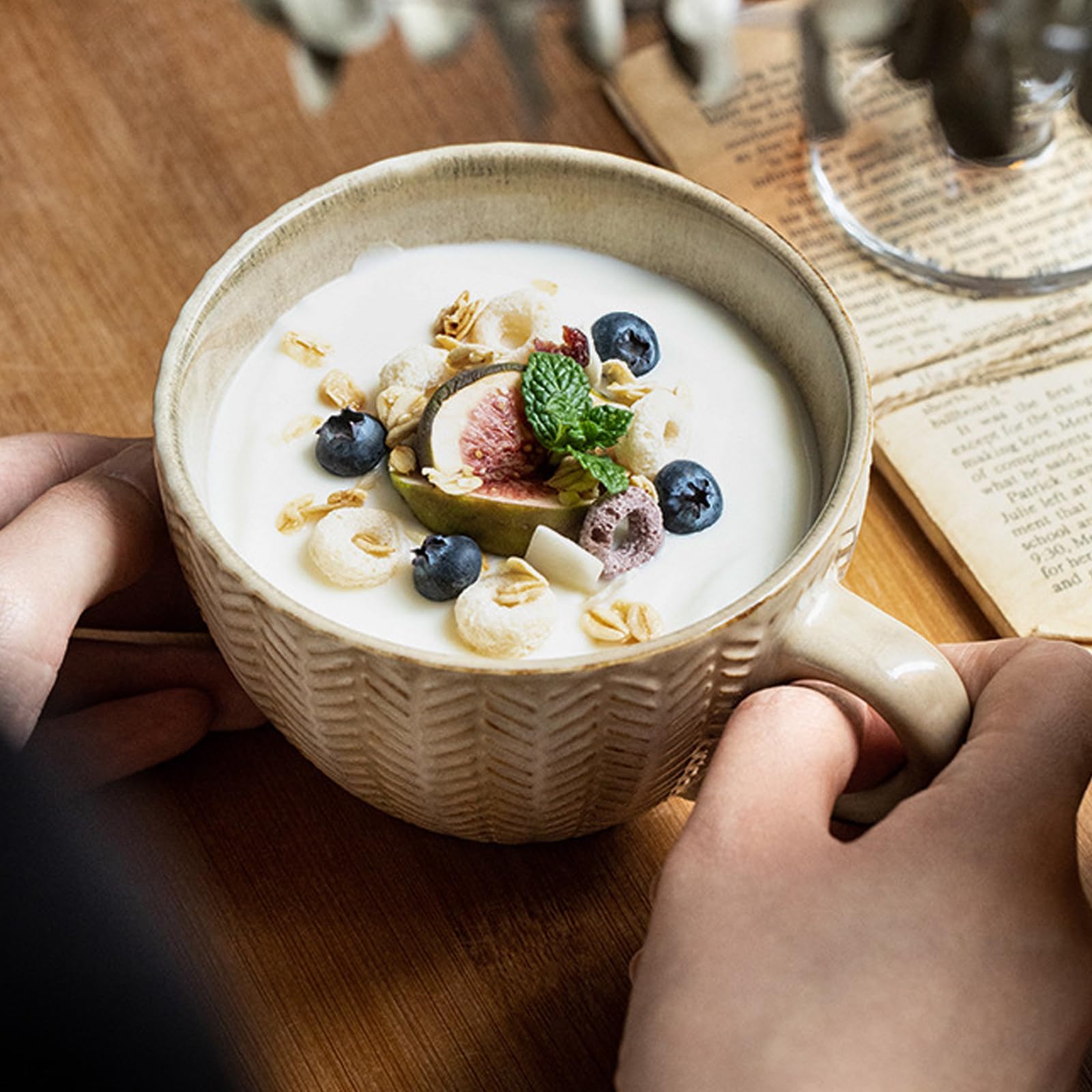 KMQRDZi Large Breakfast Cup, Coffee Cup Mug Ceramic 400ml Soup Bowls with Handle, Breakfast Bowl for Cereal Soup, Porridge